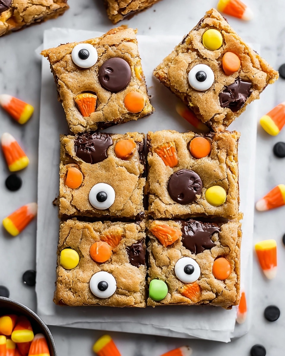 The image shows nine square blondie bars arranged in a 3x3 grid on white parchment paper inside a white tray. Each blondie has a golden brown top with visible cracks and is studded with large dark and milk chocolate chunks and chips. Some bars feature colorful candy pieces shaped like orange and green pumpkin seeds, and small white marshmallow ghosts decorated with black eyes and mouths. The blondies have a chewy texture with a soft, slightly gooey interior and a crisp outer edge. The surface below the tray is a white marbled texture, and small decorative pumpkins and candy pieces surround the tray. photo taken with an iphone --ar 4:5 --v 7