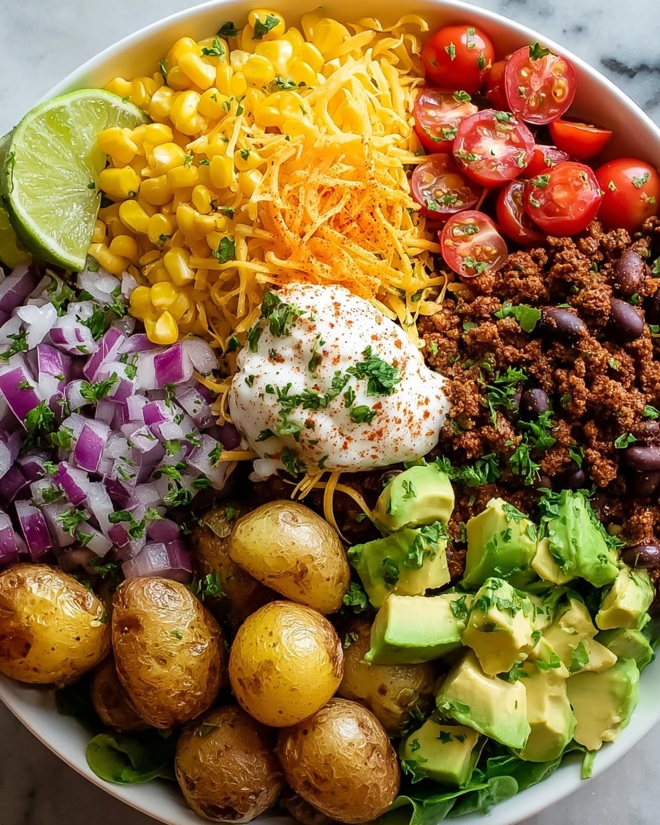 The dish is a colorful bowl filled with seven distinct layers. Starting from the left side, there is a bright yellow layer of cooked corn with green herbs sprinkled on top, bordered by a wedge of lime showing its juicy green interior. Next to the corn is a pile of shredded orange cheddar cheese with a dollop of white sour cream on top, dusted with red spices and green herbs. Moving clockwise, there are halved cherry tomatoes showing their red and juicy centers, followed by sliced avocado pieces in light green shades with a sprinkle of green herbs. To the bottom right, there is a layer of cooked ground meat with a dark brown color mixed with visible black beans, topped with green herbs. Below that, golden-brown roasted baby potatoes with a slightly crispy skin fill the space. Finally, to the bottom left, a mix of finely chopped red onions with purple and white pieces adds contrast. The whole bowl sits on a white marbled surface, all brightly lit, photo taken with an iphone --ar 4:5 --v 7