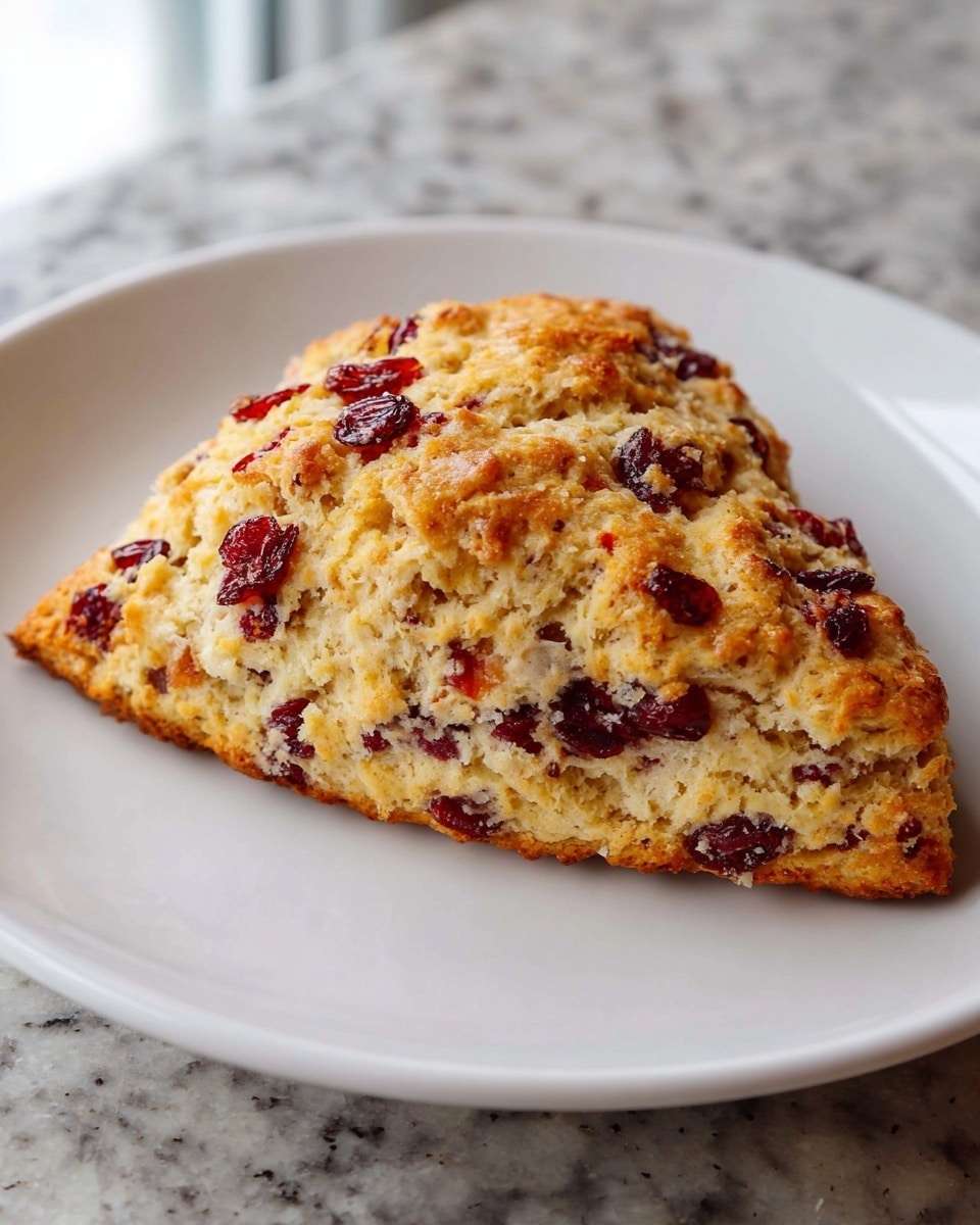 A triangular scone sits alone on a white plate with a white marbled background. The scone has a golden brown crust with a slightly rough texture. Inside, the scone is light beige and crumbly, dotted generously with deep red dried cranberries throughout the entire piece. The top is uneven and rustic, showing cracks and highlighting the crumbly texture. photo taken with an iphone --ar 4:5 --v 7
