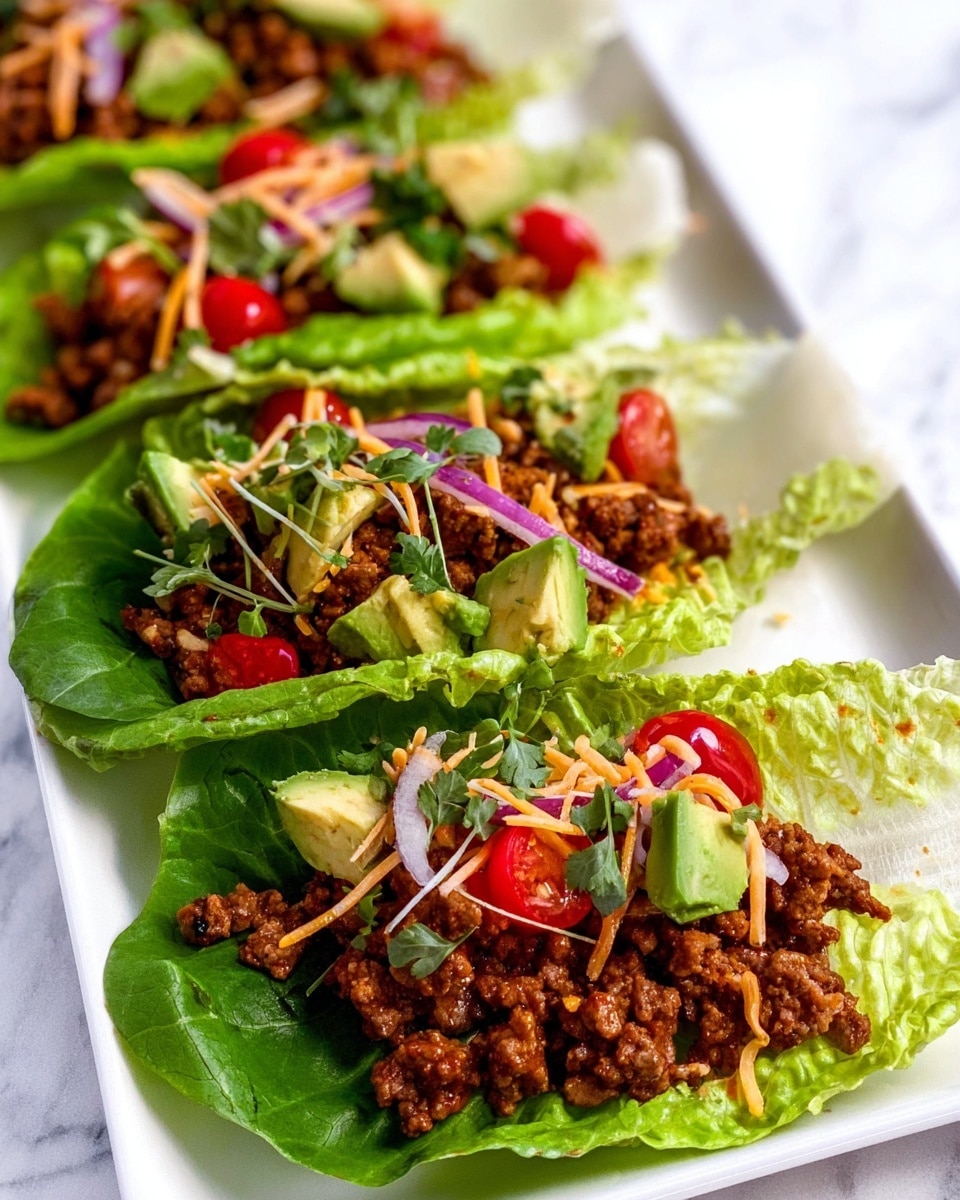 The image shows four fresh green lettuce leaves acting as boats, each filled with a layer of cooked ground beef in brown color and crumbly texture. On top of the beef, there are small chunks of bright green avocado, red cherry tomato pieces, thin slices of light purple onion, and sprigs of fresh green parsley, all scattered evenly. Shredded cheese in white and yellow tones is sprinkled over the filling, adding contrast. These lettuce boats are arranged on a white rectangular plate, placed on a white marbled surface. The photo captures the dish up close, showing the fresh and colorful layers clearly. photo taken with an iphone --ar 4:5 --v 7