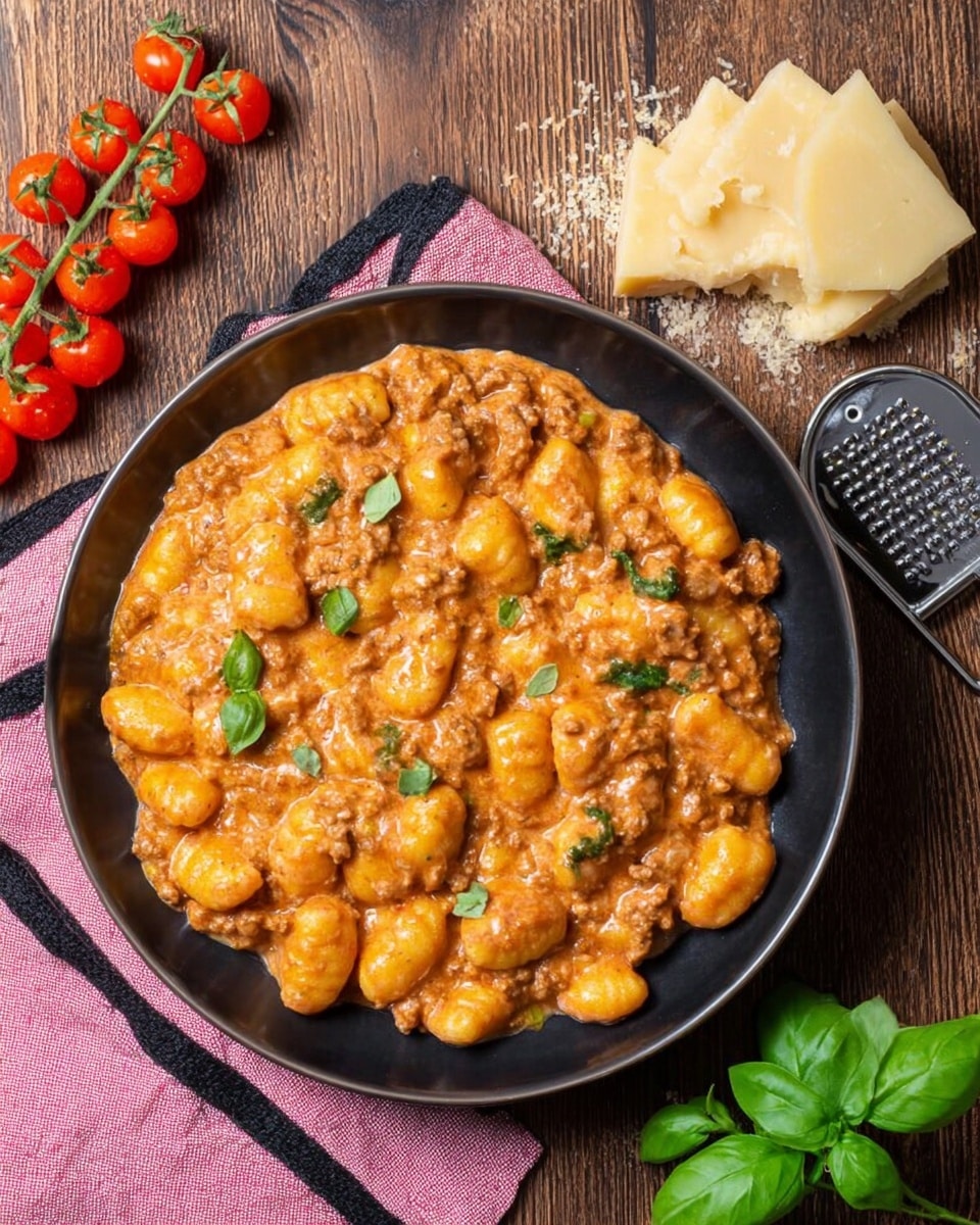 A close-up view of a pan filled with creamy gnocchi mixed with a rich, orange-colored sauce that has a slightly chunky texture from ground meat and herbs scattered throughout. The gnocchi pieces are plump and bright yellow, sitting evenly in the thick sauce that covers them completely. Small green herb leaves are sprinkled on top, adding a fresh pop of color. In the background, ripe red tomatoes on the vine and a white marbled surface with a cheese grater and cheese chunks are visible, adding a rustic, fresh kitchen feel. Photo taken with an iphone --ar 4:5 --v 7