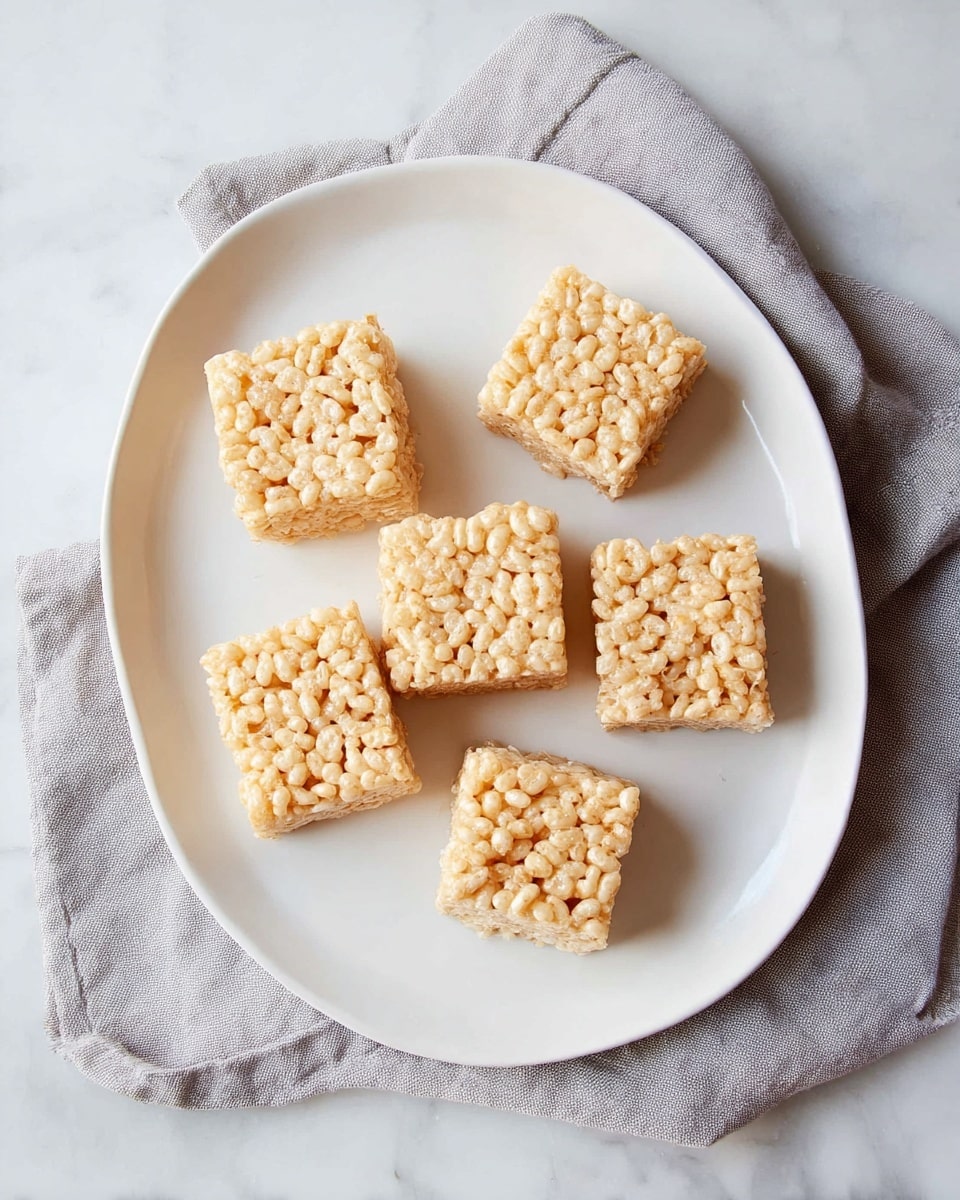 Seven square crispy rice treats are evenly placed on a white oval plate with a smooth surface. Each treat has a pale golden color and a textured pattern from the puffed rice tightly packed together. The plate sits on a light gray cloth with soft wrinkles, which rests on a white marbled textured surface in soft daylight. The simple, clean arrangement highlights the uniform shape and slightly glossy finish of the treats. photo taken with an iphone --ar 4:5 --v 7