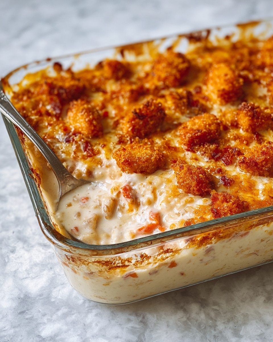 The dish is a baked casserole in a clear glass container, about two visible layers. The bottom layer is creamy and white with a thick texture, mixed with small chunks of orange-red pieces that look like vegetables or meat. The top layer has golden brown, crispy fried pieces that appear crunchy and evenly spread over the creamy layer. The edges of the glass dish show some cheese and sauce baked onto the sides, and a silver spoon is partially sunk into the creamy layer on the right side. The dish is placed on a white marbled surface. photo taken with an iphone --ar 4:5 --v 7