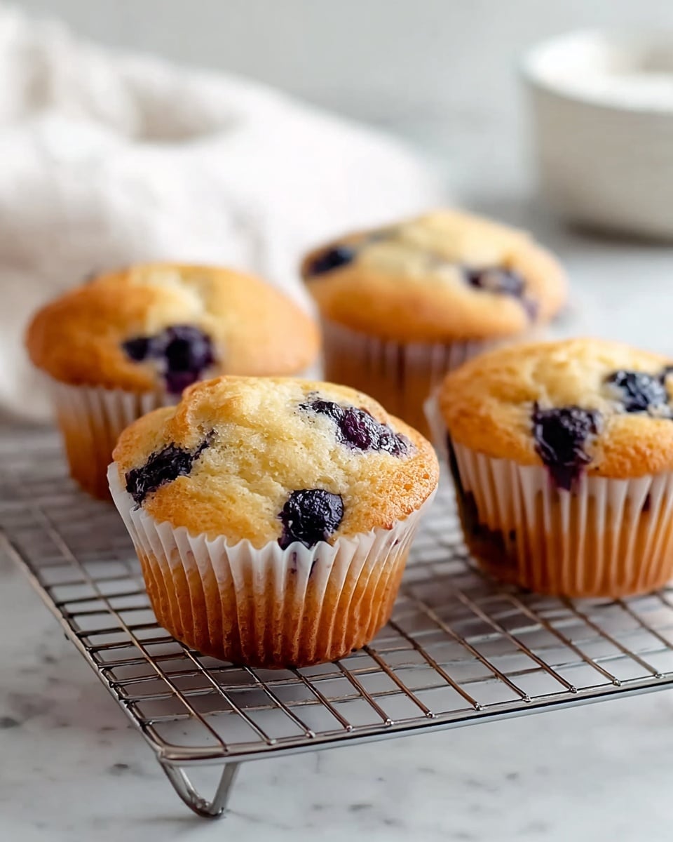 The image shows two blueberry muffins with a golden brown top covered in swirls of dark purple blueberry filling. One muffin is placed on a white marbled surface in the foreground, while the other is on a metal cooling rack in the background, both wrapped in white paper liners with ridged edges. The muffin batter looks soft and moist, and the blueberries appear juicy and slightly baked into the surface. The metal cooling rack contrasts with the smooth white marble texture beneath, and a blurry white cloth can be seen in the background. photo taken with an iphone --ar 4:5 --v 7