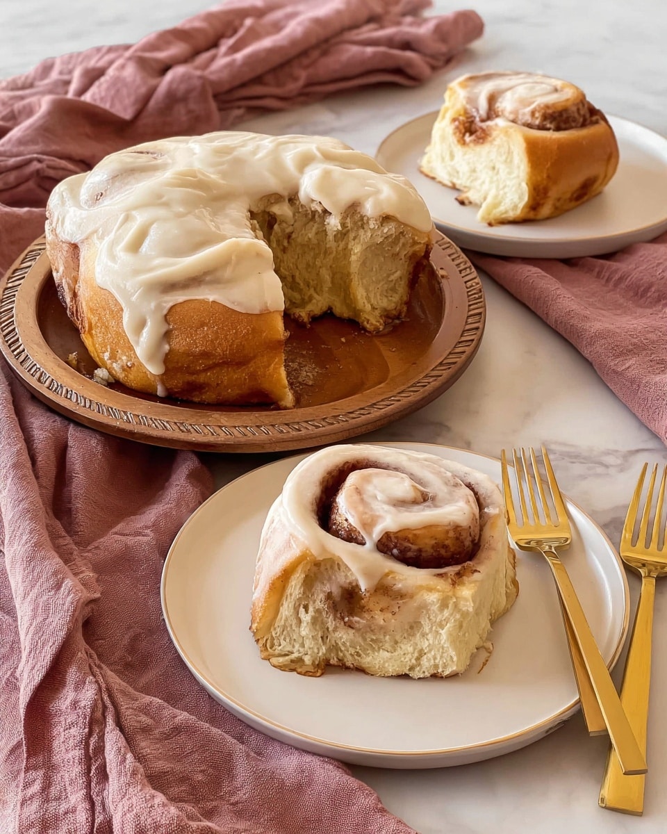 A soft, round cinnamon roll cake with a thick, creamy beige icing spread smoothly over the top is placed on a wooden board with detailed edges. The cake is partially cut, showing its fluffy, light golden inside with a cinnamon sugar swirl in the middle. Two pieces of the roll are on two white plates, each piece showing its soft inner layers and brown cinnamon filling, with a layer of creamy icing on top. The plates sit on a white marbled surface, accompanied by a quietly folded dusty rose cloth and two shiny gold forks nearby. The light is natural and soft, highlighting the textures of the baked dough and icing. photo taken with an iphone --ar 4:5 --v 7