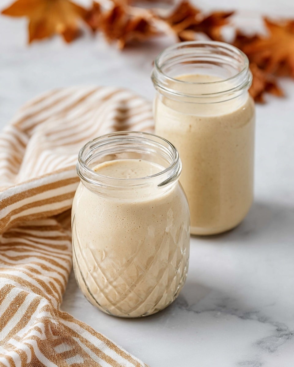 Two clear glass jars filled with a smooth, light beige creamy mixture are placed on a white marbled surface. The jar in the front is slightly smaller and has a thick, velvety texture, with tiny bubbles visible on the surface. Behind it, a taller jar with the same creamy filling stands, both jars showing a patterned diamond texture on the glass. To the left, a striped beige and white cloth lies casually folded, and in the background, brown autumn leaves add a warm touch to the scene. Photo taken with an iphone --ar 4:5 --v 7