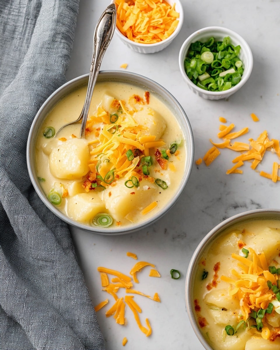 The image shows two bowls of creamy potato soup placed on a white marbled surface. Each bowl is filled with large, soft potato chunks in a thick, light yellow creamy broth. On top of the soup are scattered shredded orange cheddar cheese curls and chopped green onions for color and texture contrast. One bowl has a silver spoon resting inside. Around the bowls are small piles of extra shredded cheddar cheese and chopped green onions in separate small white bowls, with some pieces scattered on the surface. The overall setup gives a cozy and fresh feeling, with a gray cloth adding softness to the scene. Photo taken with an iphone --ar 4:5 --v 7