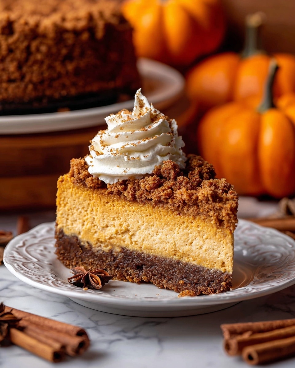 A thick round pumpkin cheesecake with three visible layers, placed on a wooden board: the bottom crust layer is dark brown and firm, the middle pumpkin filling is smooth with a soft orange color, and the top crumb layer is textured and darker brown. Around the top edge, there is a ring of white whipped cream swirled in peaks, sprinkled with light brown spices. The background has small orange pumpkins, cinnamon sticks, and star anise arranged on a white marbled surface. Photo taken with an iphone --ar 4:5 --v 7