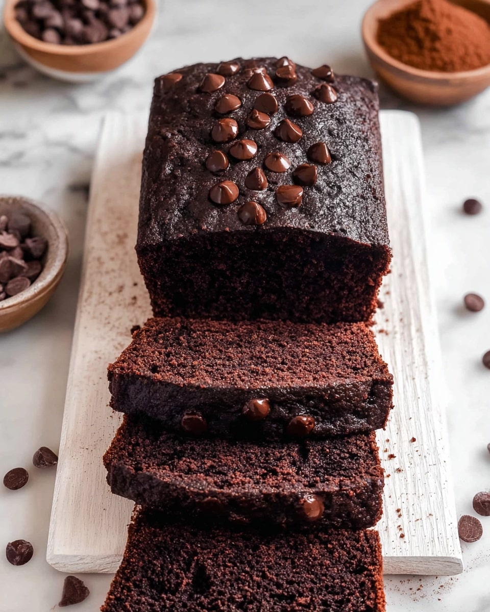 The image shows a thick slice of dark chocolate loaf cake with a dense, moist texture. It has one main dark brown layer that is studded with small melted chocolate spots. On top, there are many dollops of glossy chocolate chips evenly spaced, giving a textured appearance. The cake sits on a white parchment paper over a light wooden board, and the background is a soft blurred neutral tone. photo taken with an iphone --ar 4:5 --v 7
