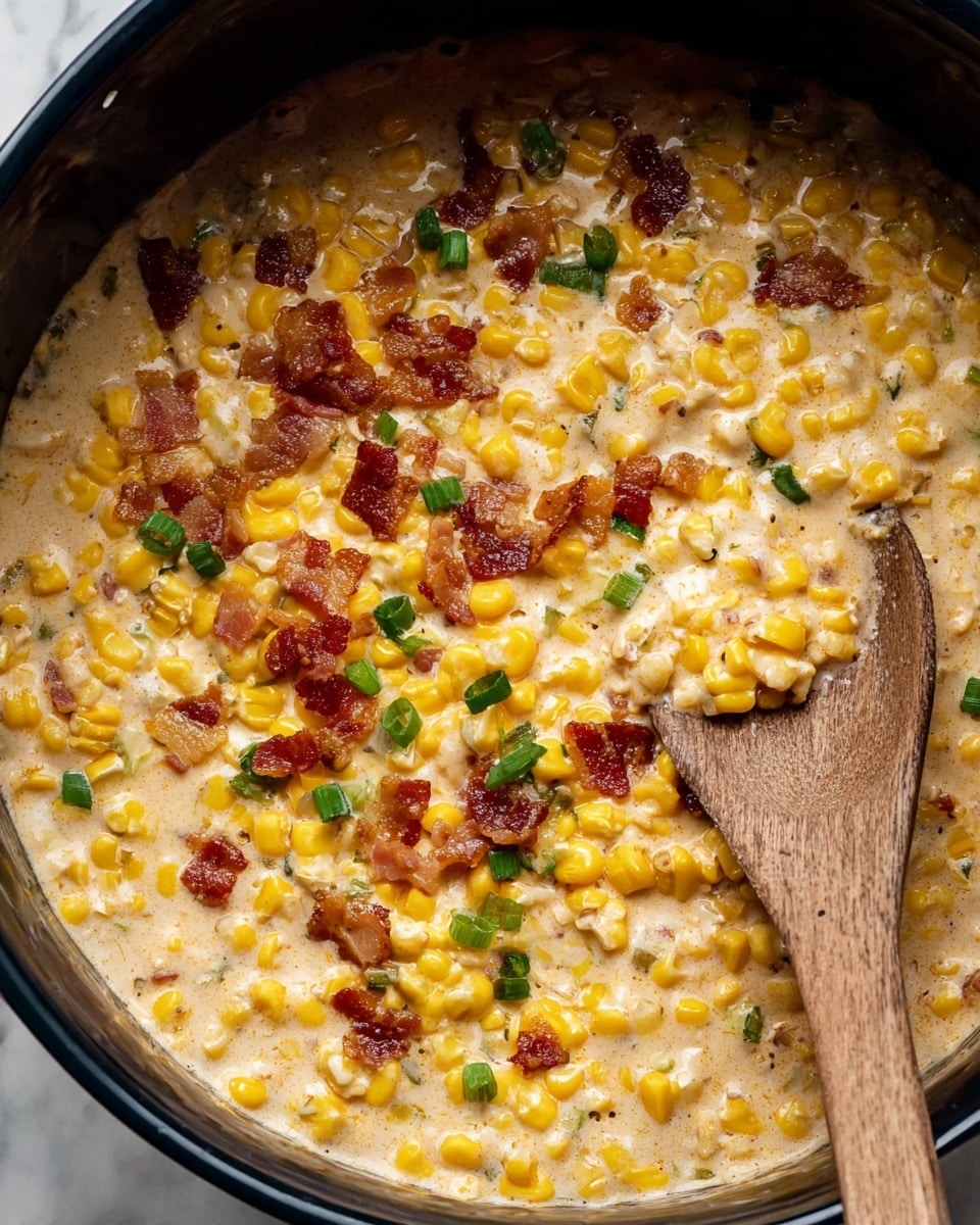 A white bowl full of creamy corn salad with three visible layers: the bottom layer is bright yellow whole corn kernels, mixed throughout with bits of light pink bacon pieces, topped with small green jalapeño chunks scattered on the surface. A silver spoon rests inside the bowl on the right side. The bowl sits on a white marbled surface with a beige cloth napkin to the left and a wooden bowl with chopped jalapeños above it. Photo taken with an iphone --ar 4:5 --v 7