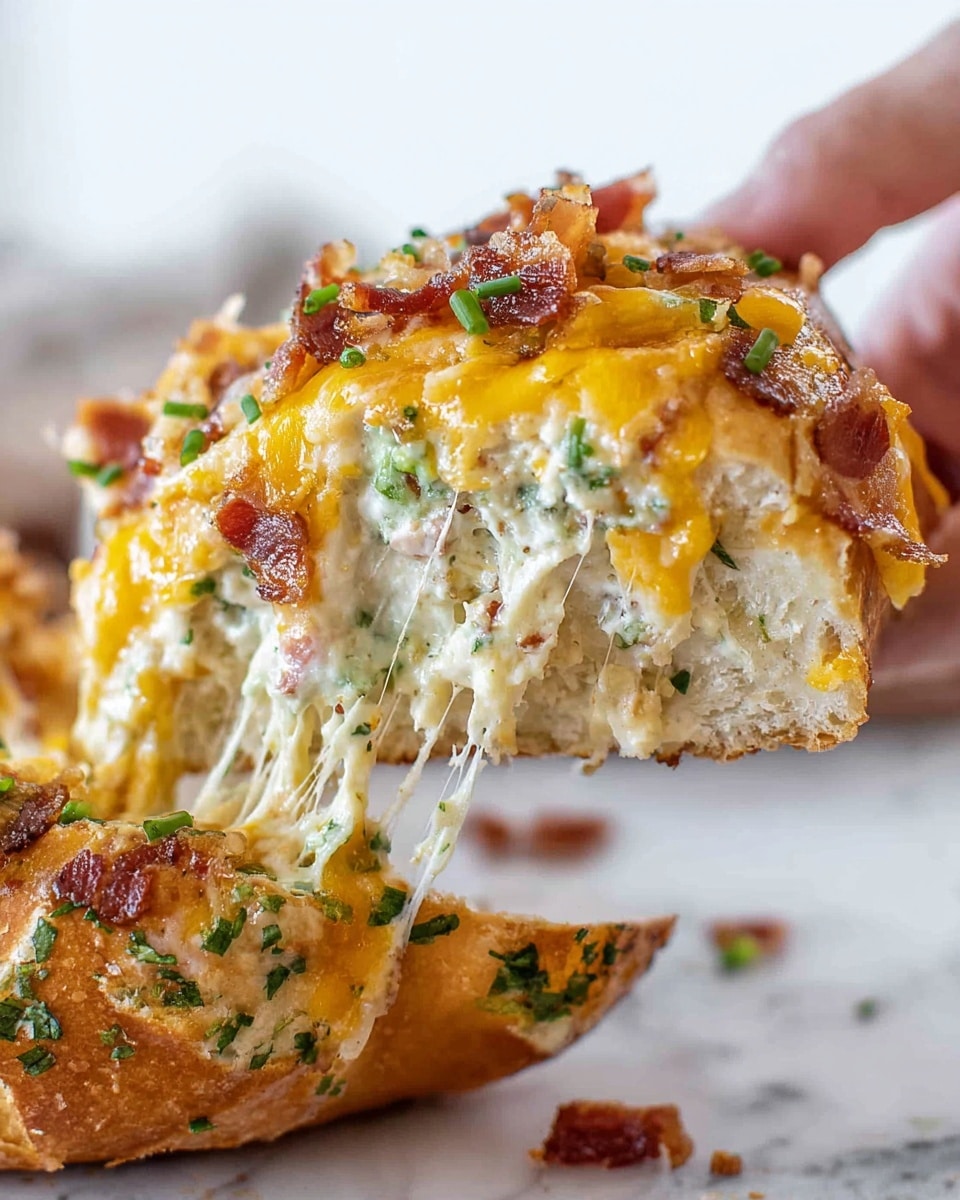 A close-up of a woman's hand holding a slice of cheesy stuffed bread showing three visible layers: the top layer is melted golden-yellow cheddar cheese with small green herb bits and crispy brown bacon pieces, the middle layer is creamy white cheese mixed with finely chopped green onions and bacon bits, while the bottom layer is golden-brown bread crust with green herbs sprinkled along the edges. Strings of melted cheese stretch between the bread and the filling, all set against a white marbled texture background. photo taken with an iphone --ar 4:5 --v 7