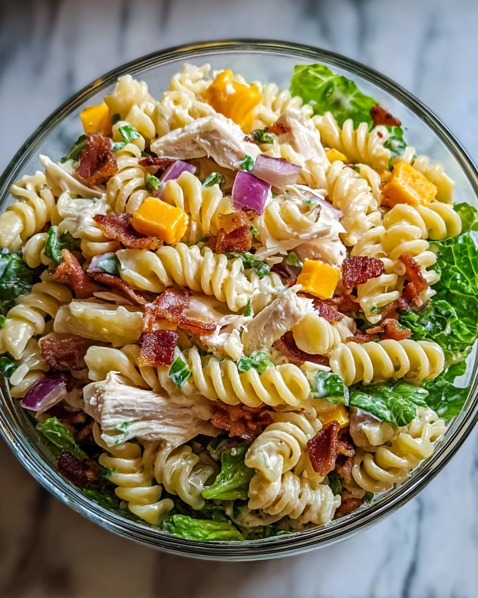 A white bowl filled with a colorful pasta salad sitting on a white marbled surface. The salad has three main layers: creamy penne pasta in creamy white, whole and halved bright red cherry tomatoes, and small cubes of orange cheddar cheese. Scattered green bell pepper pieces add a fresh feel, while bits of crispy bacon and finely chopped green herbs are sprinkled on top, giving texture and color contrast. A wooden spoon rests in the bowl, partially submerged in the salad, with a bunch of fresh green herbs and loose cherry tomatoes in the background. Photo taken with an iphone --ar 4:5 --v 7