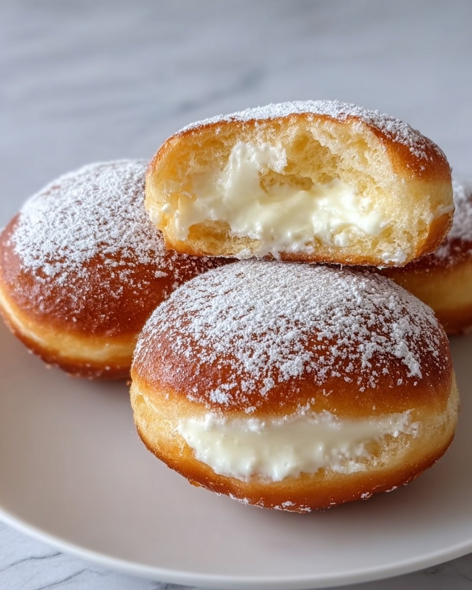 Four round, golden-brown doughnuts are arranged on a white plate with a smooth surface, placed on a white marbled background. Each doughnut has a middle layer of thick white cream, visible and slightly peeking out from the sides. The top layer of each doughnut is dusted with a light coating of white powdered sugar, giving them a soft, textured look. The doughnuts have a slightly glossy, soft crust with a fluffy, airy texture underneath. Photo taken with an iphone --ar 4:5 --v 7