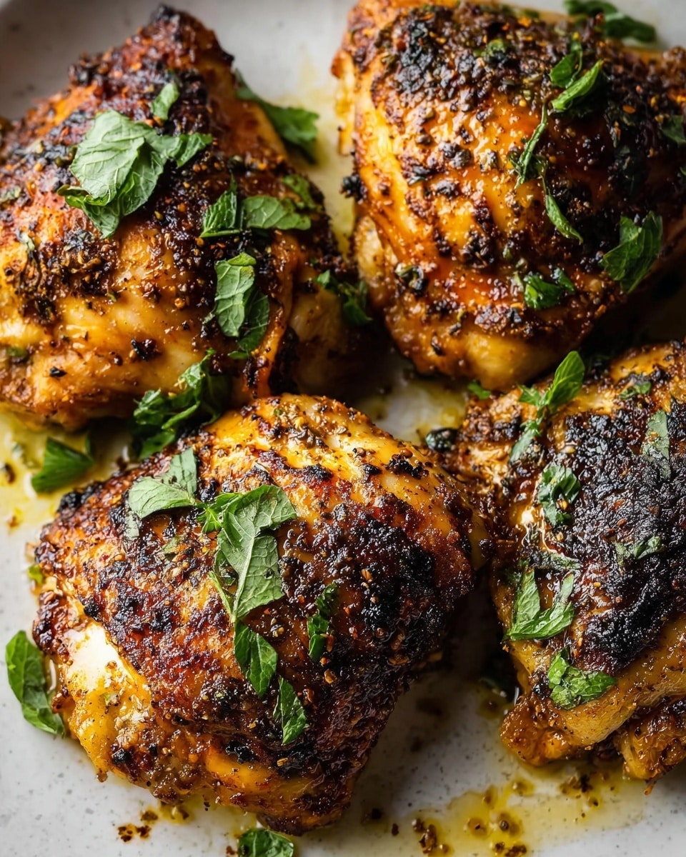 A close-up of four pieces of cooked chicken thighs with a crispy, golden-brown skin that has darker charred spots, sprinkled with fresh green herb leaves on top. The chicken sits on a white marbled textured surface that has small pools of seasoned oil around the pieces. The texture of the chicken skin is rough and crunchy, showing a mix of spices that add depth to the colors. photo taken with an iphone --ar 4:5 --v 7