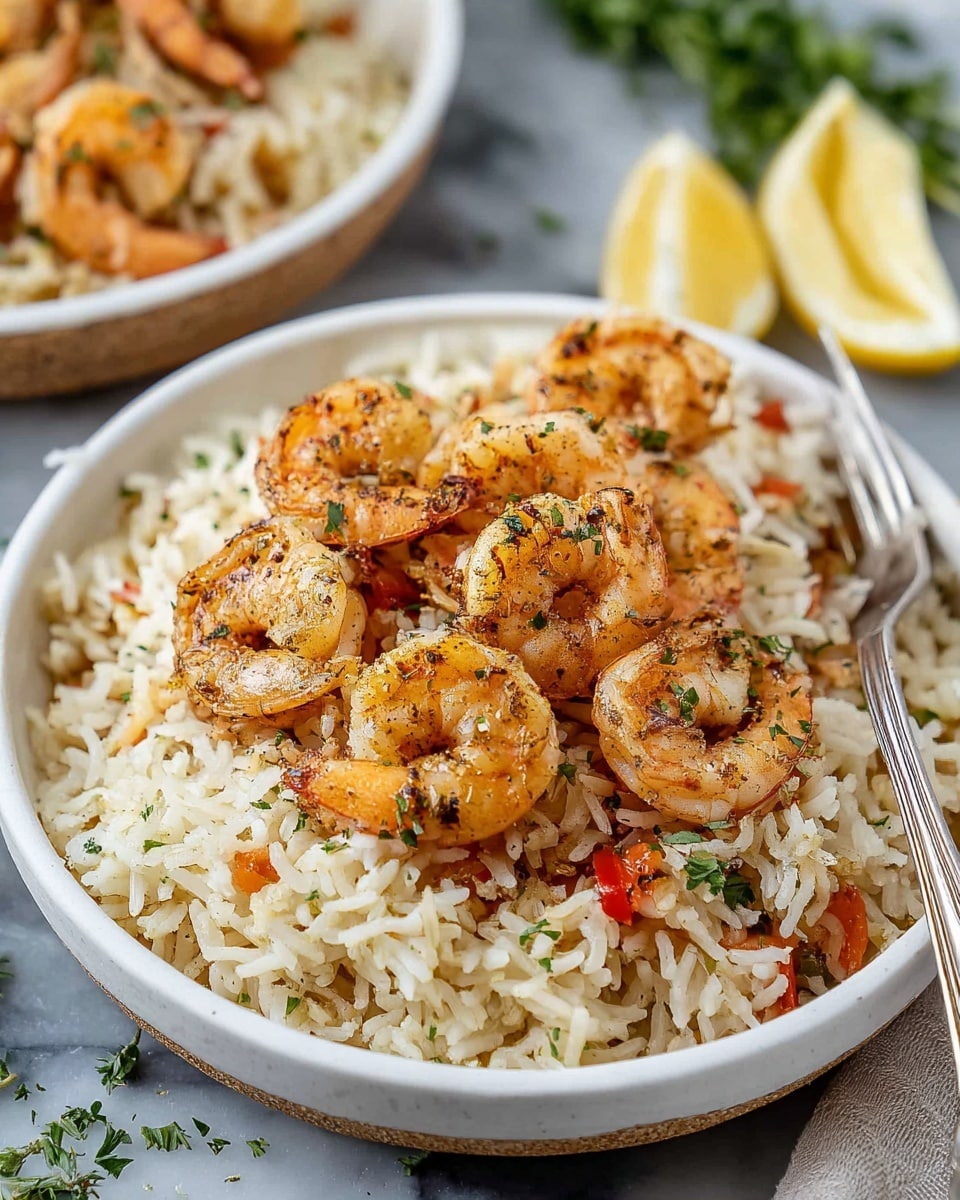 The dish is served in a shallow white bowl filled with a base layer of fluffy white rice mixed with small pieces of red bell pepper. On top, there is a generous layer of grilled shrimp, each shrimp golden brown with visible seasoning and a slight char, arranged to showcase their curved shapes. The bowl sits on a white marbled surface with a silver fork resting on the edge. In the background, there is a lemon wedge and some green herbs slightly blurred, enhancing the fresh and vibrant look of the meal. photo taken with an iphone --ar 4:5 --v 7
