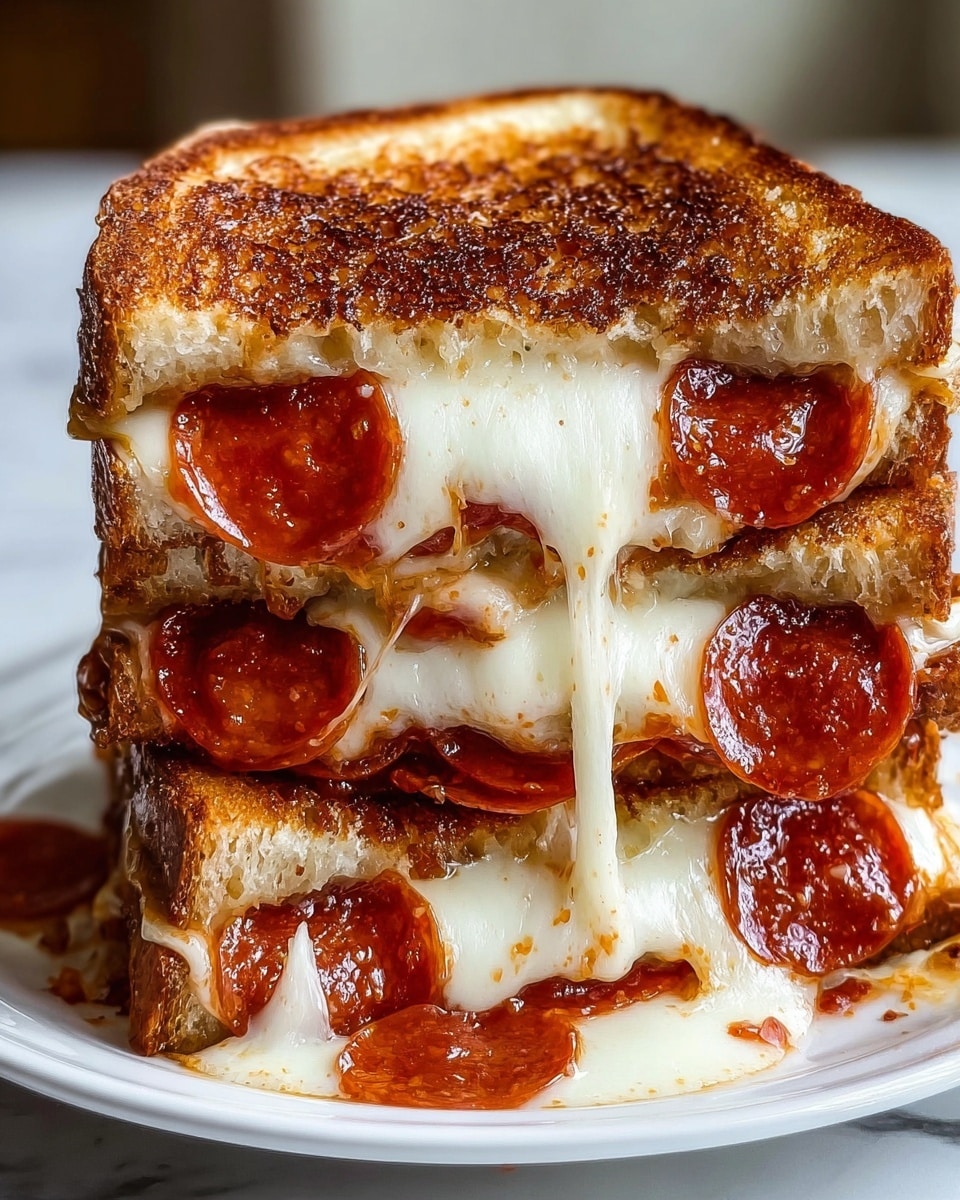 A close-up view of a grilled sandwich cut into three stacked sections on a white plate, resting on a white marbled surface. The sandwich contains three layers of golden toasted bread with a slightly crispy texture. Between these layers, there are two thick layers of melted white cheese stretching and oozing out, mixed with bright red, round slices of pepperoni evenly spread in each cheese layer. The bread's surface is richly browned with a slight char, contrasting with the smooth, gooey cheese and the glossy, spicy pepperoni. The melted cheese pulls down from the middle layer, creating an irresistible stringy effect. Photo taken with an iphone --ar 4:5 --v 7