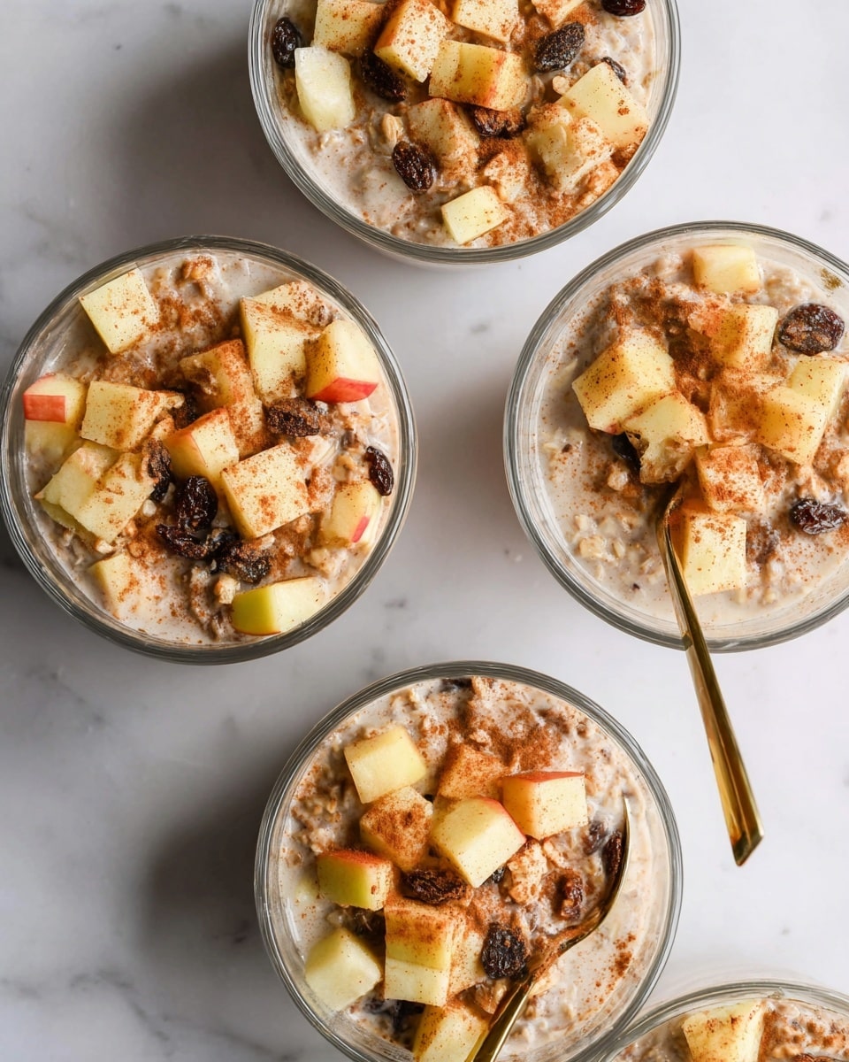 The image shows a clear glass bowl filled with creamy oatmeal mixed with raisins and nuts, topped with small cubes of red and yellow apple sprinkled with cinnamon powder, adding a warm brown dusting over the fruit. A gold spoon is placed inside the bowl, partially visible on the right side, with some apple cubes on it. The bowl sits on a white marbled surface, and the overall scene is softly lit, highlighting the textures of the creamy oatmeal and the crunchy toppings. photo taken with an iphone --ar 4:5 --v 7