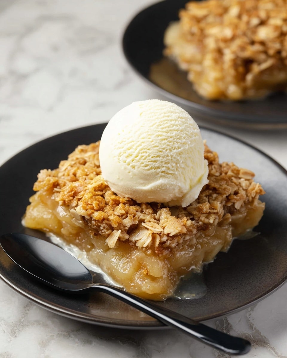 A square piece of apple crisp dessert sits on a round white plate, showing three layers: a bottom layer of soft, gooey, light golden cooked apples, a thick middle layer of golden brown oat and crumb topping with visible oats and a crunchy texture, and a top layer consisting of a smooth, round scoop of creamy, light beige ice cream placed right in the center. The plate is set on a white marbled surface with a black spoon lying nearby. Photo taken with an iphone --ar 4:5 --v 7