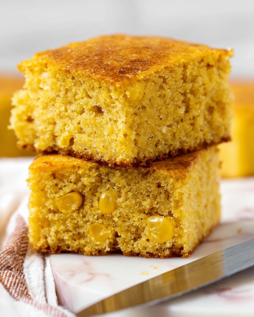 Two square pieces of yellow cornbread with a crumbly texture and visible whole corn kernels are stacked on top of each other on a white surface with a marbled texture. The cornbread has a golden-brown top crust that looks slightly crispy, while the inside is soft and moist, showing air pockets and a grainy texture from the cornmeal. The background is blurred with soft white and light brown colors, and a silver knife rests nearby on a striped cloth. photo taken with an iphone --ar 4:5 --v 7
