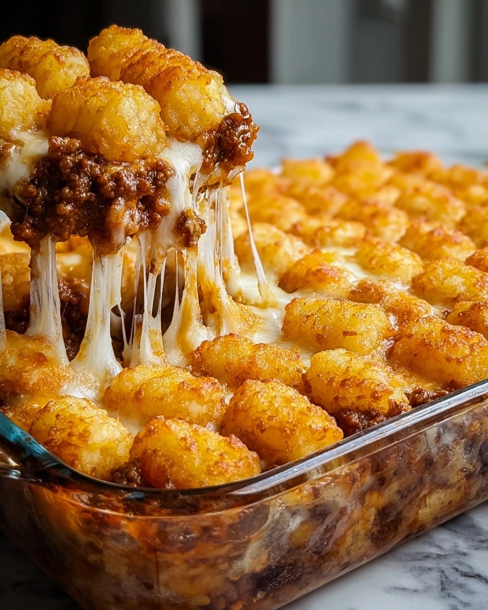 This image shows a layered casserole dish in a clear glass tray, placed on a white marbled surface. The bottom layer is a thick, rich brown ground meat sauce, textured with visible bits of meat. Above this is a layer of round, golden tater tots arranged in a close, neat grid, each tot showing a crispy exterior. The topmost layer is melted cheese, creamy white and orange, bubbling and stretching slightly over the tater tots with gooey strands dripping down the sides of the dish, adding a shiny, appetizing finish. Photo taken with an iphone --ar 4:5 --v 7