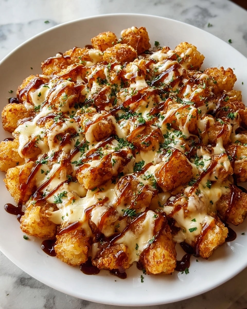 A white plate holds a dish of crispy golden tater tots as the top layer, each piece browned and textured. Underneath the tater tots is a layer of melted cheese, creamy white with some areas of yellow from cheddar, spread evenly. Drizzled over the cheese and tater tots is a rich brown sauce, adding shine and depth. The dish is sprinkled with finely chopped green herbs, giving a fresh contrast to the warm colors. The plate is set on a white marbled surface, enhancing the visual appeal. photo taken with an iphone --ar 4:5 --v 7