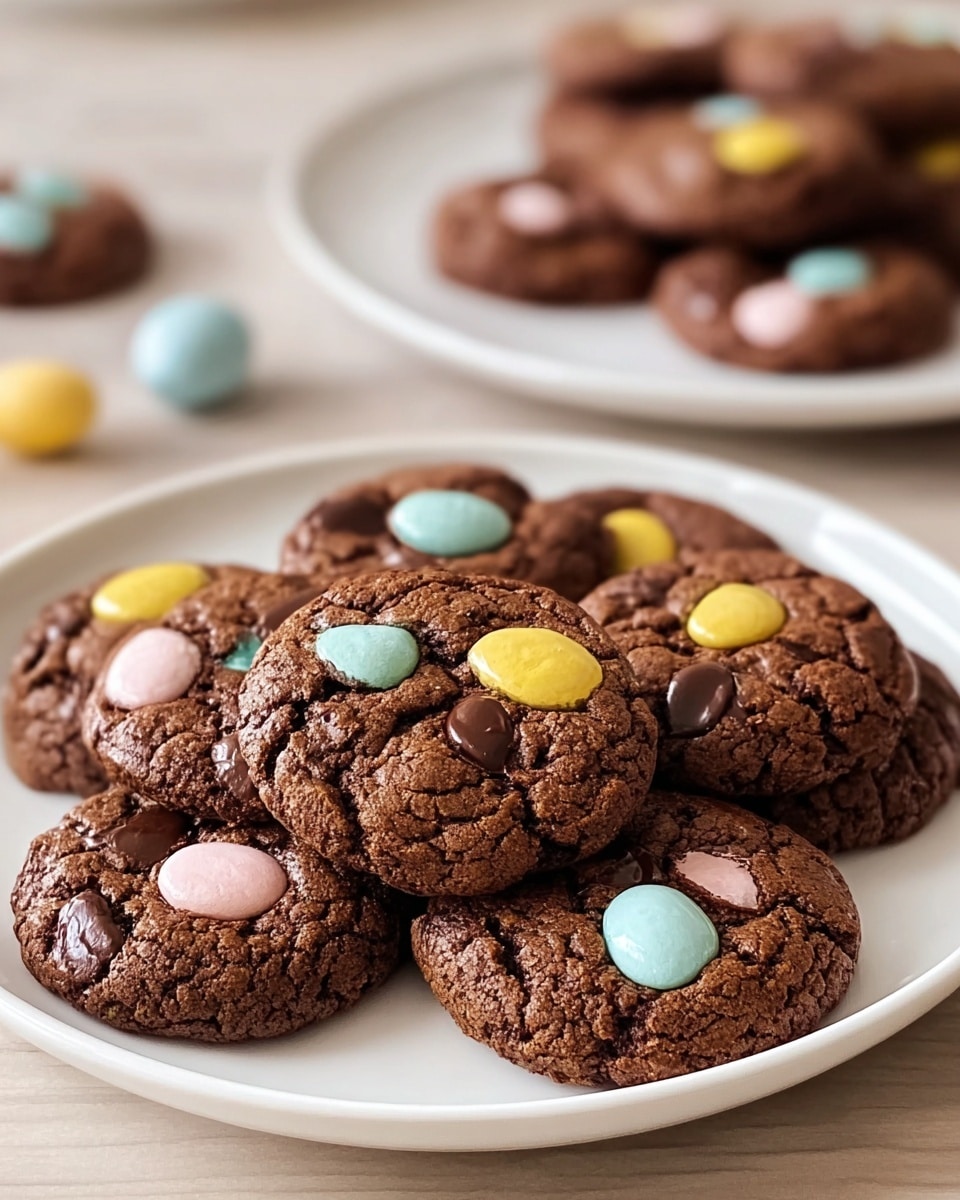 A white plate is filled with two layers of round, dark brown chocolate cookies, each cookie slightly cracked on top showing a soft texture. The cookies are decorated with colorful candy pieces in pastel blue, yellow, and pink, pressed into the dough. Some cookies show melted chocolate spots on their surface, giving a glossy look in places. The plate sits on a white marbled textured surface, and the background is softly blurred with more cookies similarly arranged on white plates. photo taken with an iphone --ar 4:5 --v 7
