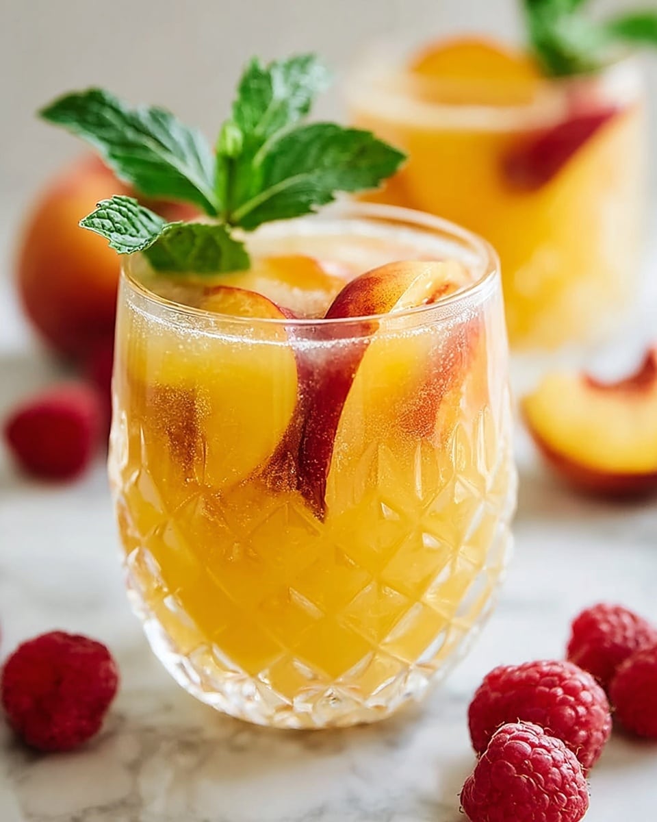 A clear glass with a textured diamond pattern holds a drink with two visible layers: the bottom layer is a bright yellow-orange liquid with a slightly frothy, juicy texture, and the top layer has slices of red and yellow peach pieces partially submerged. A fresh green mint sprig stands upright from the top of the glass. The glass is placed on a white marbled surface with another similar glass blurred in the background, along with fresh raspberries and peach halves scattered around. photo taken with an iphone --ar 4:5 --v 7