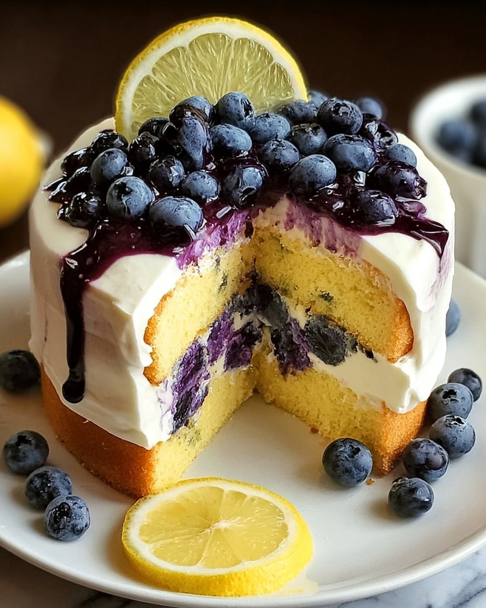 A small cake with two layers of light yellow sponge, filled with creamy white and purple blueberry filling that has whole blueberries inside, is covered in smooth white frosting. On top, there is a pile of fresh dark blue blueberries, a half yellow lemon, and a small green mint leaf for decoration. A slice is cut out, showing the inside layers and some blueberries and lemon slice resting on the white plate with a fine crackle texture, all placed on a white marbled surface. photo taken with an iphone --ar 4:5 --v 7