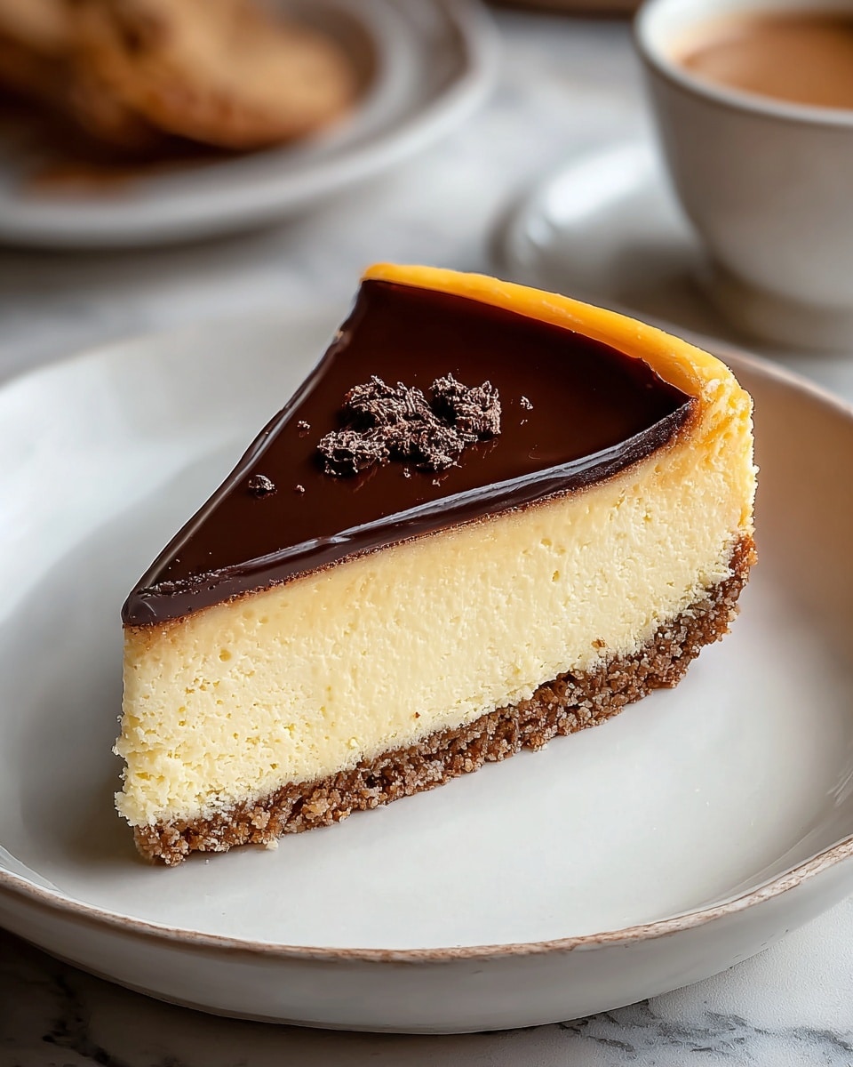 A single slice of cheesecake sits on a white plate with a thin brown rim, resting on a white marbled surface. The cheesecake has four visible layers: a bottom crust that looks crumbly and golden brown, a thick middle layer of smooth, creamy off-white cheesecake, a thin dark purple jam layer just above the base and slightly peeking at the top edge, and on top a glossy dark purple jelly layer with a textured border of small, darker jelly beads. The background shows a blurred full cheesecake. Photo taken with an iphone --ar 4:5 --v 7