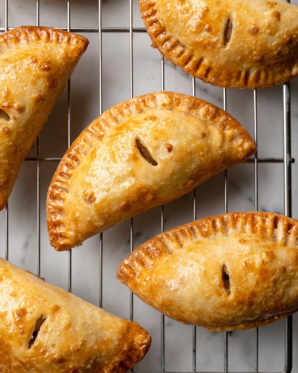 The image shows five golden brown baked hand pies resting on a silver cooling rack set over a white marbled surface. Each hand pie is semi-circular with crimped edges pressed with a fork, and three small slits in the center for ventilation. The crust looks flaky with a slightly shiny, smooth texture, and the hand pies are evenly spaced, showing their crisp, baked surface with subtle variations in color from light to deeper golden brown. Photo taken with an iphone --ar 4:5 --v 7