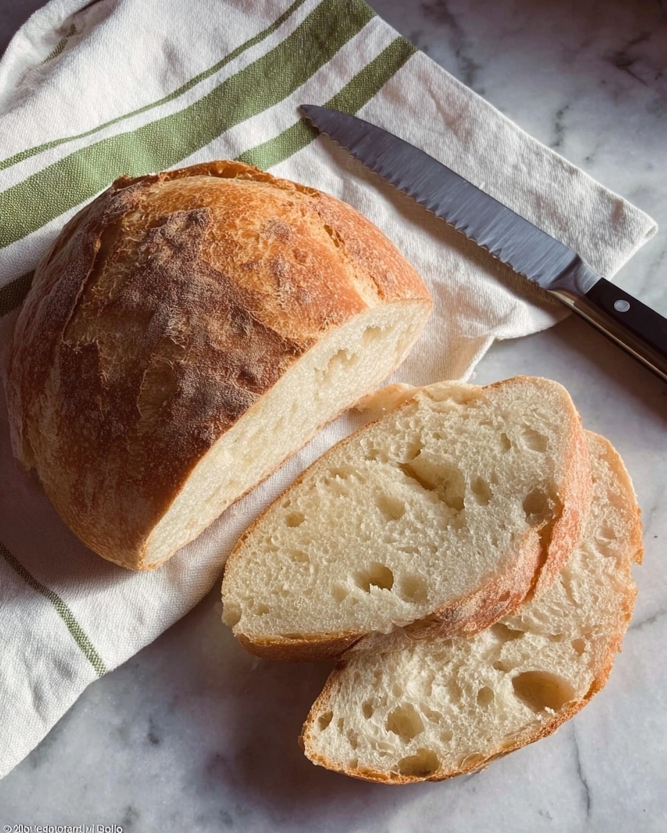 A round loaf of bread with a golden-brown crust sits partially sliced on a white cloth with green and white stripes. Three thick slices lie in front of the loaf, showing a soft, airy interior with some holes. A silver serrated knife with a shiny black handle rests next to the bread on the white marbled surface. photo taken with an iphone --ar 4:5 --v 7
