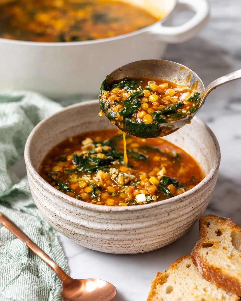 A thick soup is being ladled from a large white bowl into a textured beige bowl; the soup has multiple layers including bright orange lentils, small yellow and green vegetable pieces, leafy dark green spinach, and a rich, slightly reddish broth. The ladle is silver and shiny, showing bits of spinach on its edge. The bowls sit on a white marbled surface with a pale green cloth nearby and two slices of light golden toasted bread placed in the foreground. A copper spoon lies beside the bowl, adding a warm metallic contrast to the scene. Photo taken with an iphone --ar 4:5 --v 7