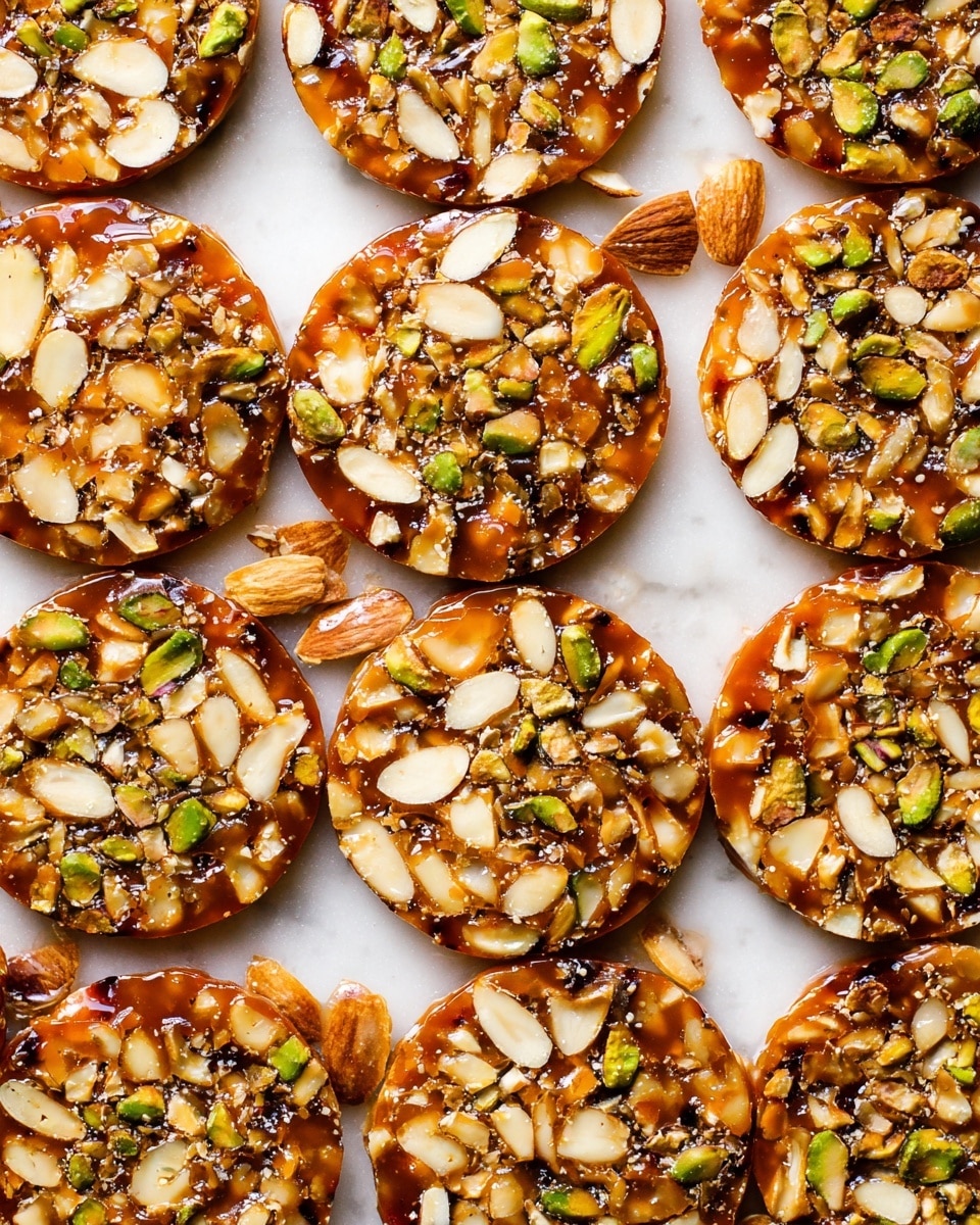 The image shows many round nut brittle snacks laid out closely together on a white marbled surface. Each snack has one single layer made of a glossy caramel base that is amber-brown and sticky in texture. On top, there is a mix of sliced almonds, chopped pistachios, and other nuts in green, beige, and light brown colors, all embedded in the caramel layer, creating a crunchy and shiny appearance. The snacks vary slightly in size but keep a consistent round shape. photo taken with an iphone --ar 4:5 --v 7