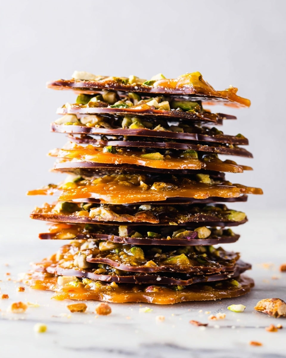 A tall stack of eight thin, round brittle layers is shown, each separated by a glossy mixture of nuts and seeds, warm caramel color with green pistachio pieces visible throughout. The brittle edges are dark brown and shiny, looking crisp. The layers alternate between the smooth, nutty caramel top and the darker bottom edges, creating a rich contrast. Some small nut pieces and crumbs are scattered on the white marbled surface around the stack. The image has a bright, clean background that highlights the texture and details of the brittle layers. photo taken with an iphone --ar 4:5 --v 7