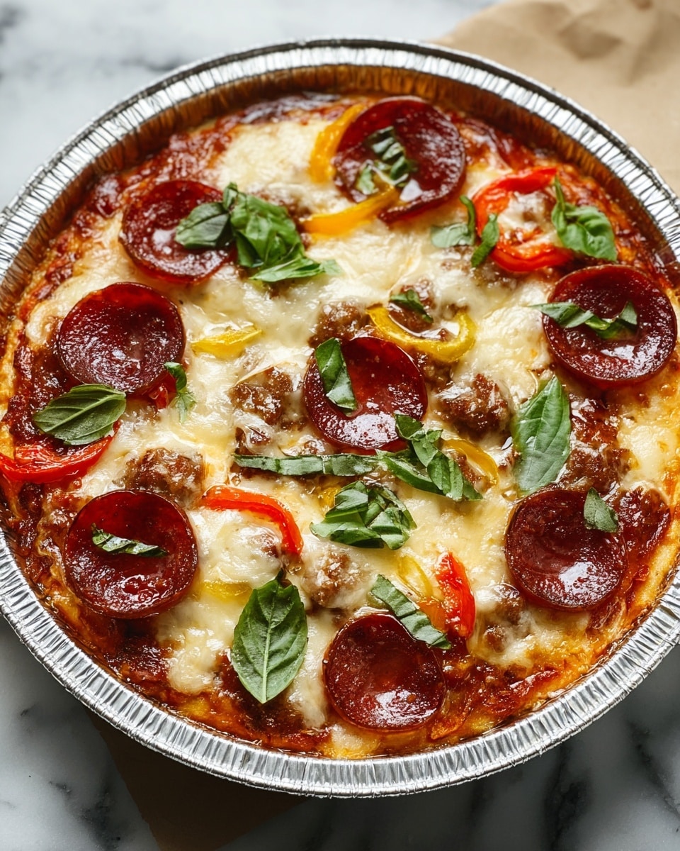 The image shows a small round pizza in a silver foil pan placed on a white marbled surface. The pizza has a golden-brown crust visible at the edges. The base layer is covered with red tomato sauce peeking through melted, creamy white cheese that covers most of the top. There are slices of shiny, dark red pepperoni placed evenly on the pizza, along with small bits of browned sausage scattered around. Thin strips of orange and red bell peppers add bright color between the pepperoni. Fresh green basil leaves are scattered on top, adding a fresh, leafy look. The cheese appears slightly browned and bubbly, showing a melted texture. photo taken with an iphone --ar 4:5 --v 7