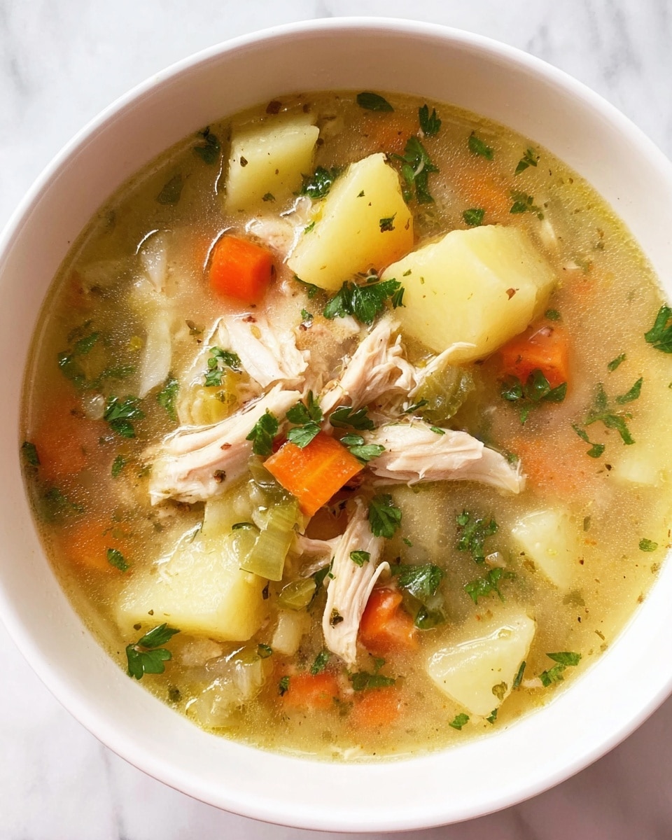 A close-up view of a white bowl filled with chicken soup showing three main layers: the clear light yellow broth forming the base with an oily sheen, chunks of soft pale yellow potatoes scattered evenly, and shredded white chicken pieces placed on top. Small bright orange carrot cubes and light green celery bits are mixed throughout, along with tiny herb leaves and sprigs of fresh green parsley. The soup looks warm and comforting with a slightly thick texture from the cooked vegetables and herbs. The bowl sits on a white marbled surface. photo taken with an iphone --ar 4:5 --v 7