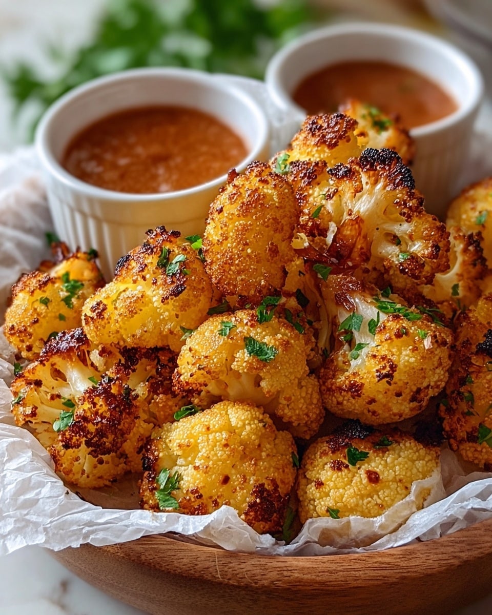 The image shows a pile of golden-brown roasted cauliflower florets with a crispy texture, each piece lightly speckled with charred spots and small bits of green parsley scattered on top. The cauliflower pieces are placed on crumpled white parchment paper inside a wooden bowl. Behind the bowl, there are two white ramekins filled with a smooth, reddish-brown dipping sauce. The background is out of focus with green leaves, all set on a white marbled surface. photo taken with an iphone --ar 4:5 --v 7