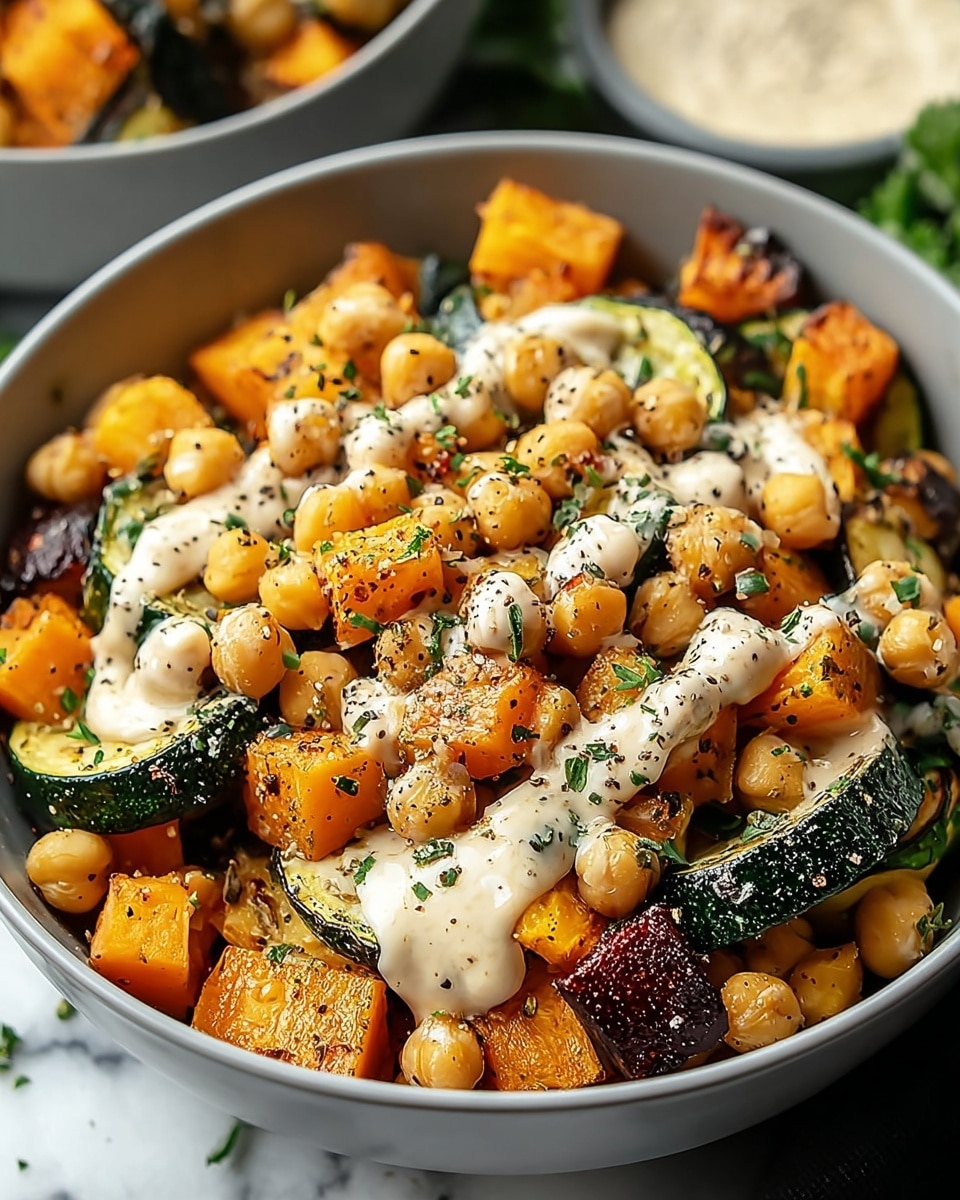 A white bowl filled with five distinct layers of food, arranged side by side. Starting from the left, there is a layer of golden orange roasted sweet potato cubes with slight charring and sprinkled green herbs. Next to it are light beige round chickpeas coated lightly with oil and seasoning, garnished with green herbs. The middle layer contains small dark green broccoli florets mixed with a few darker purple vegetables scattered within, also topped with some green herbs. To the right, there is a creamy beige hummus spread with a few black pepper specks and green herbs scattered over the top. The last layer on the far right is bright red roasted bell pepper pieces, shiny with a slight glaze and sprinkled with chopped green herbs. The bowl rests on a white marbled surface. Photo taken with an iphone --ar 4:5 --v 7