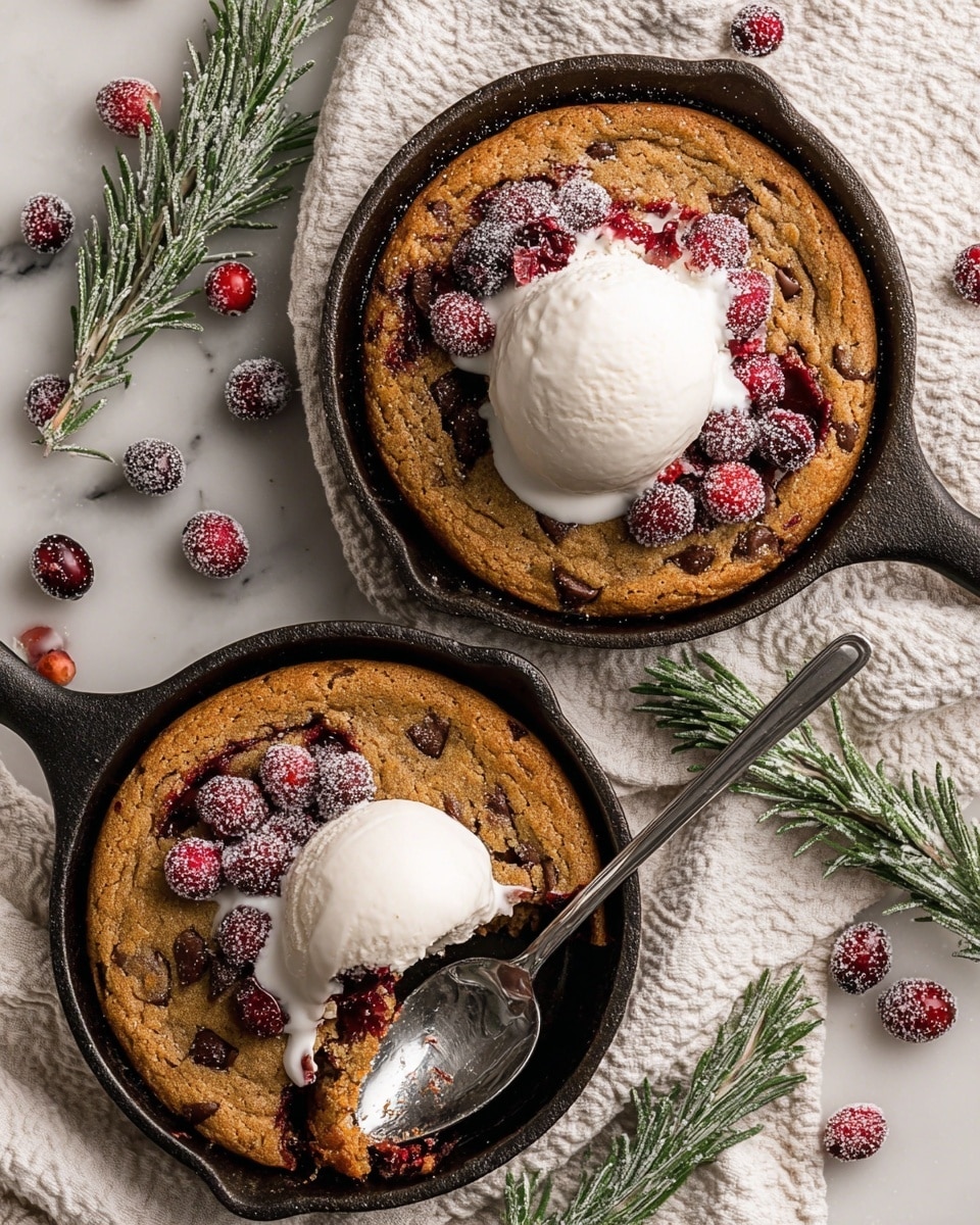 Two round chocolate chip cookie skillets are shown from above, each with a golden brown, slightly textured cookie base in black cast iron pans. On top of each cookie, there are two smooth, white scoops of melting ice cream placed near the center. Bright red sugared cranberries are scattered on the ice cream, adding a frosted look. In the lower skillet, a silver spoon is partially digging into the cookie beneath the ice cream. Around the skillets, there are green sprigs of frosted rosemary and a white cloth with a textured pattern, all set on a white marbled background. Photo taken with an iphone --ar 4:5 --v 7
