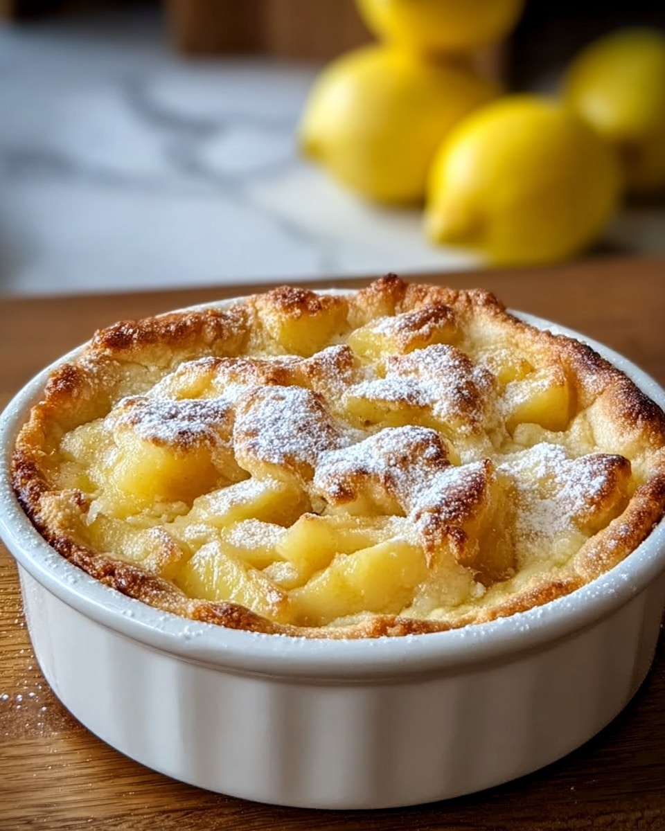 The image shows a white baking dish filled with a three-layer lemon dessert. The bottom layer is a smooth, shiny, pale yellow lemon filling. Above it is a thick, crumbly, light golden crust with a rough texture. The top layer is a golden-brown crust dusted with white powdered sugar, adding a soft contrast to the crispy top. In the background, out of focus, are two yellow lemons. The dish is placed on a white marbled surface. photo taken with an iphone --ar 4:5 --v 7