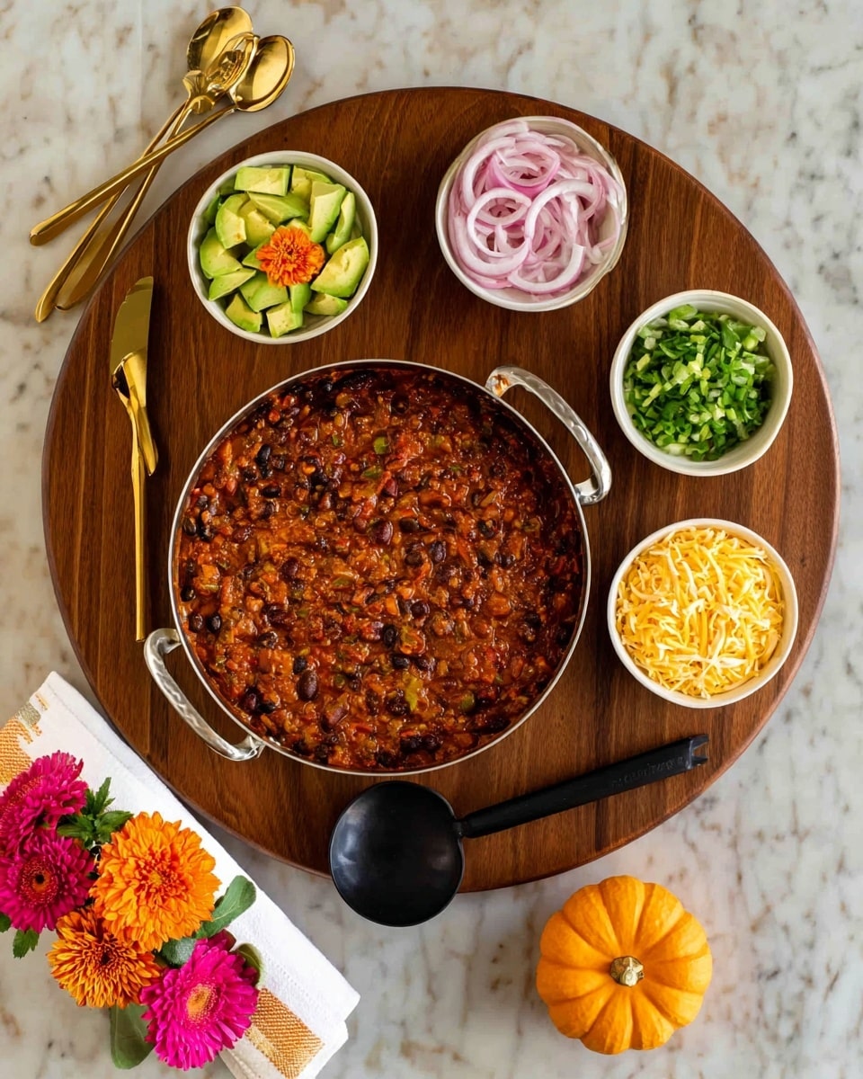 A dark bowl filled with layers of food sits on a white marbled surface. The bottom layer is thick brown chili with black beans, topped on one side with green chopped avocado pieces sprinkled with black pepper and fresh cilantro leaves. Next to the avocado are thin green chopped scallions, bright pink pickled red onion slices, and a dollop of white sour cream sprinkled with black pepper. A light green lime wedge and yellow thin tortilla strips are placed on the side, along with an orange edible flower on top. The bowl is on a round wooden tray with a light blue napkin and a gold spoon beside it, with a small orange pumpkin and a pink flower nearby. photo taken with an iphone --ar 4:5 --v 7