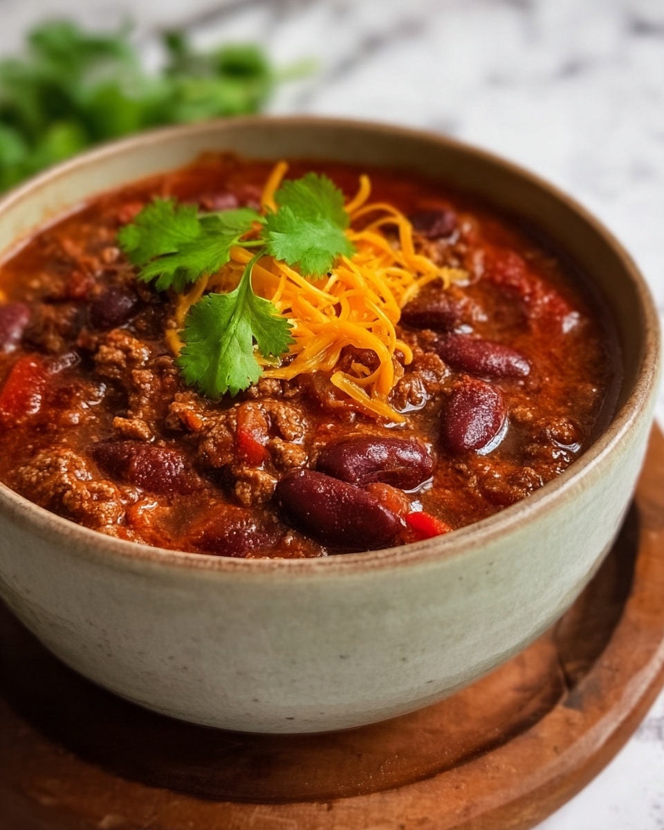 A bowl filled with a rich, reddish-brown chili made of ground meat and dark red kidney beans, showing a thick and hearty texture. The chili includes small chunks of tomatoes mixed throughout, and the surface is topped with a small nest of bright orange shredded cheese and a few fresh green cilantro leaves, adding a pop of color. The bowl is a light grey ceramic with a slightly rough texture, sitting on a round wooden board, all set against a white marbled surface blurred in the background. photo taken with an iphone --ar 4:5 --v 7