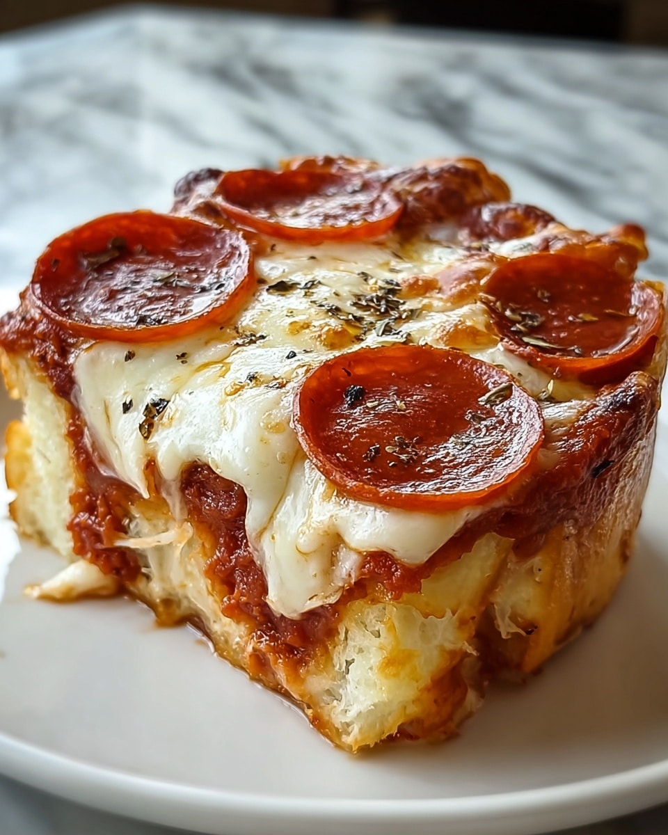 A thick square slice of deep-dish pepperoni pizza sits on a white plate, showing three visible layers. The bottom layer is thick, golden bread with a soft, fluffy texture and slightly crispy edges, topped by a rich, dark red tomato sauce that peeks through the sides. Above this is a generous layer of melted cheese that is creamy white with golden-brown spots, bubbling with stretchiness. On top of the cheese, there are several round, reddish-brown pepperoni slices scattered, some slightly curled at the edges, with a few small black seasoning flakes sprinkled over the surface. The whole slice looks thick, gooey, and appetizing with melted cheese stretching slightly over the edges. The background shows a white marbled surface. photo taken with an iphone --ar 4:5 --v 7