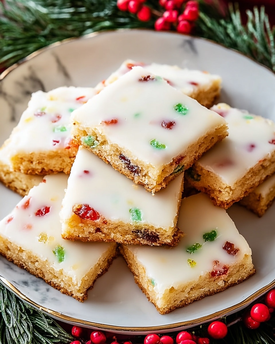 A white plate holds a stack of nine rectangular cookies with rough golden edges and a smooth, glossy white icing layer on top. Embedded in the icing are small pieces of red and green candied fruit, randomly scattered across the surface of each cookie. The cookies are arranged in a slightly overlapping manner, showing their thickness and crumbly texture along the sides. The plate is set on a white marbled surface with sprigs of green pine and red berries nearby, adding a festive touch. Photo taken with an iphone --ar 4:5 --v 7