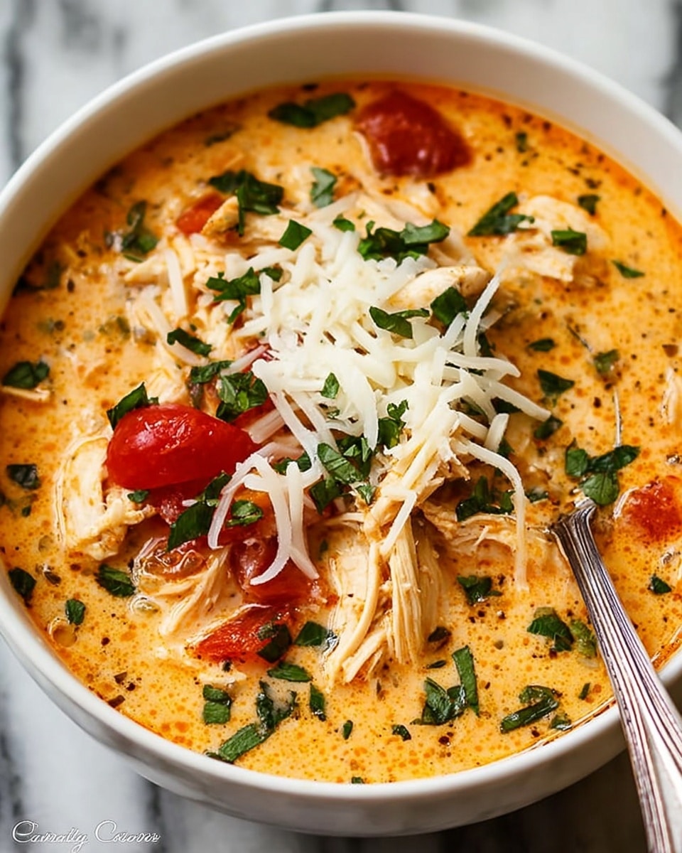 A close-up of a white bowl filled with a creamy orange soup with visible shredded chicken pieces forming the top layer. The shredded chicken is light beige and smooth in texture, arranged in a small mound in the center. The soup base is rich and creamy with a slightly oily sheen and specks of black pepper and red flakes throughout. Finely chopped green herbs and shredded white cheese are sprinkled evenly on top of the chicken, adding texture and color contrast. A soft, fluffy bread roll rests on the side inside the bowl. The bowl is placed on a white marbled surface. Photo taken with an iphone --ar 4:5 --v 7