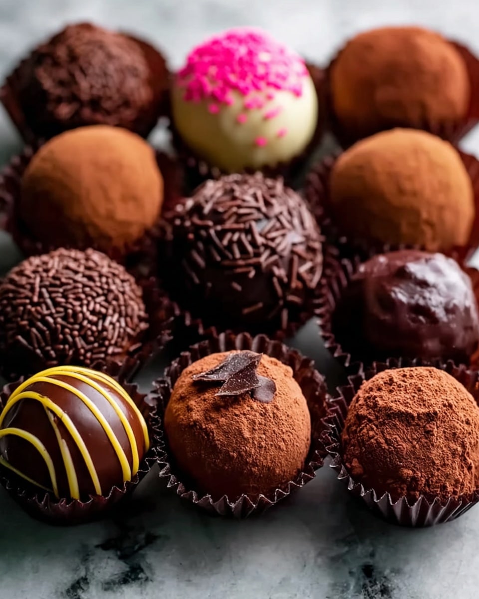 A close-up of nine chocolate truffles arranged in three rows on a white marbled surface, each in a dark brown paper cup. The front row features a smooth dark chocolate truffle with thin yellow stripes, a rough textured dark chocolate truffle covered in small cocoa powder bits, and a shiny dark chocolate truffle with a few chocolate curls on top. The middle row has a dark chocolate truffle covered in chocolate sprinkles, a round truffle with a rough cocoa powder coating, and a shiny smooth truffle with larger chocolate shavings. The back row includes a coated white truffle with pink sprinkles, a smooth round truffle, and a chunkier truffle with a rough texture. Photo taken with an iphone --ar 4:5 --v 7