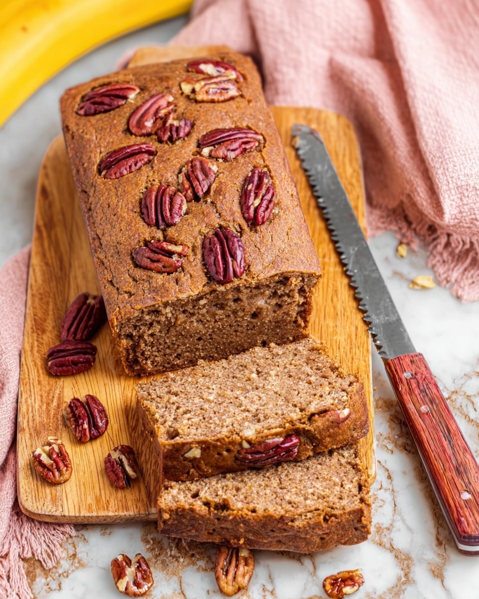 A loaf of brown bread with a rough texture is shown on a wooden cutting board with two slices cut off and lying flat in front. The top surface of the bread is covered with large, whole pecan pieces, and some pecans are scattered around the board. The bread has a dense but slightly porous interior visible in the sliced pieces. A knife with a wooden handle and a serrated blade rests on the board to the right of the bread. A pale pink cloth and a yellow banana can be seen in the upper left corner on a white marbled texture surface. Photo taken with an iphone --ar 4:5 --v 7