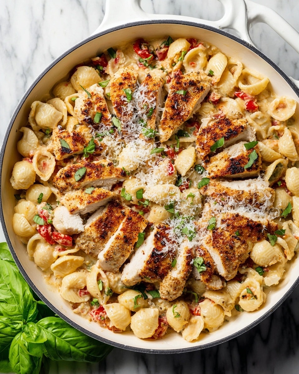 A white skillet filled with a creamy pasta dish that has three layers: on the bottom is pale yellow shell pasta coated with a smooth sauce, mixed with small pieces of red tomatoes and green herbs; on top are several slices of grilled chicken breast with a golden-brown crust and white juicy inside placed in the center and spread across the pasta; finely grated white cheese is sprinkled over the whole dish, adding texture, with some green herbs scattered for decoration, all set on a white marbled textured surface with fresh green basil leaves beside the skillet. photo taken with an iphone --ar 4:5 --v 7