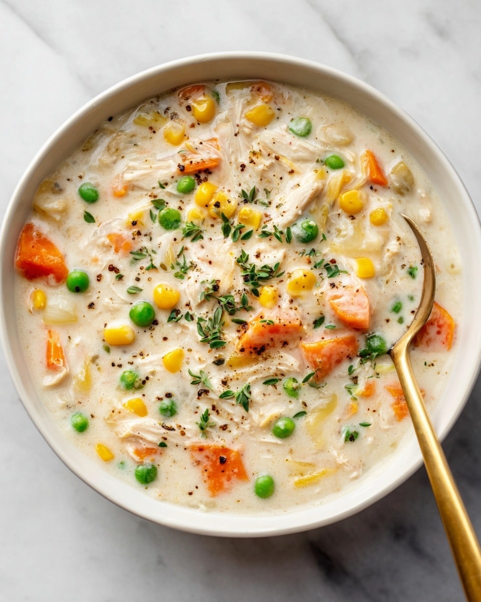 The image shows a large black pot filled with thick creamy white chicken and vegetable soup. The soup has visible pieces of shredded white chicken, small cubes of bright orange carrots, round yellow corn kernels, light green peas, and tiny bits of green herbs scattered on top. A black ladle is lifting a spoonful of the soup, showing the creamy texture and colorful vegetables clearly. The background is a white marbled texture. Photo taken with an iphone --ar 4:5 --v 7
