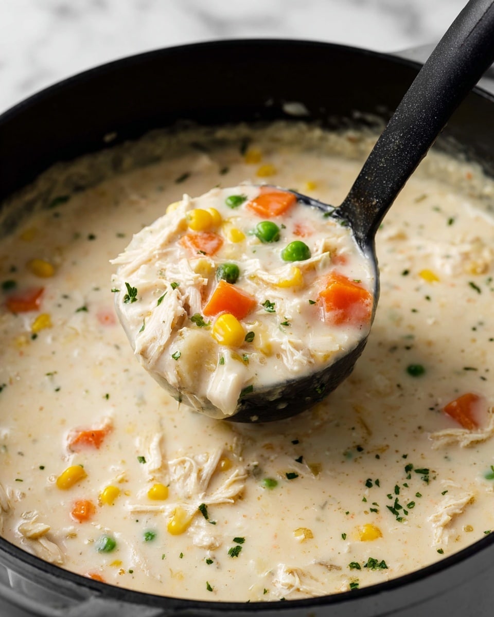 A white bowl filled with creamy chicken and vegetable soup sits on a white marbled surface. The soup has a thick, smooth white base with chunks of orange carrots, yellow corn, green peas, and bits of shredded white chicken evenly mixed throughout. Small green herbs are scattered on top along with a light sprinkle of black pepper. A gold spoon is partially submerged in the soup on the right side of the bowl. photo taken with an iphone --ar 4:5 --v 7